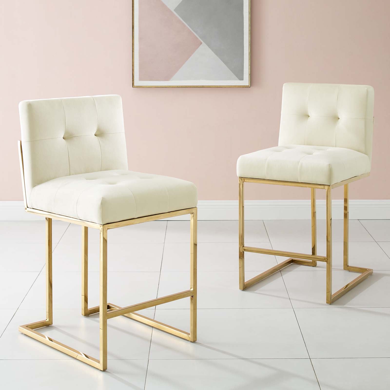 Modway Barstools - Privy Gold Stainless Steel Performance Velvet Counter Stool Gold Ivory ( Set of 2 )