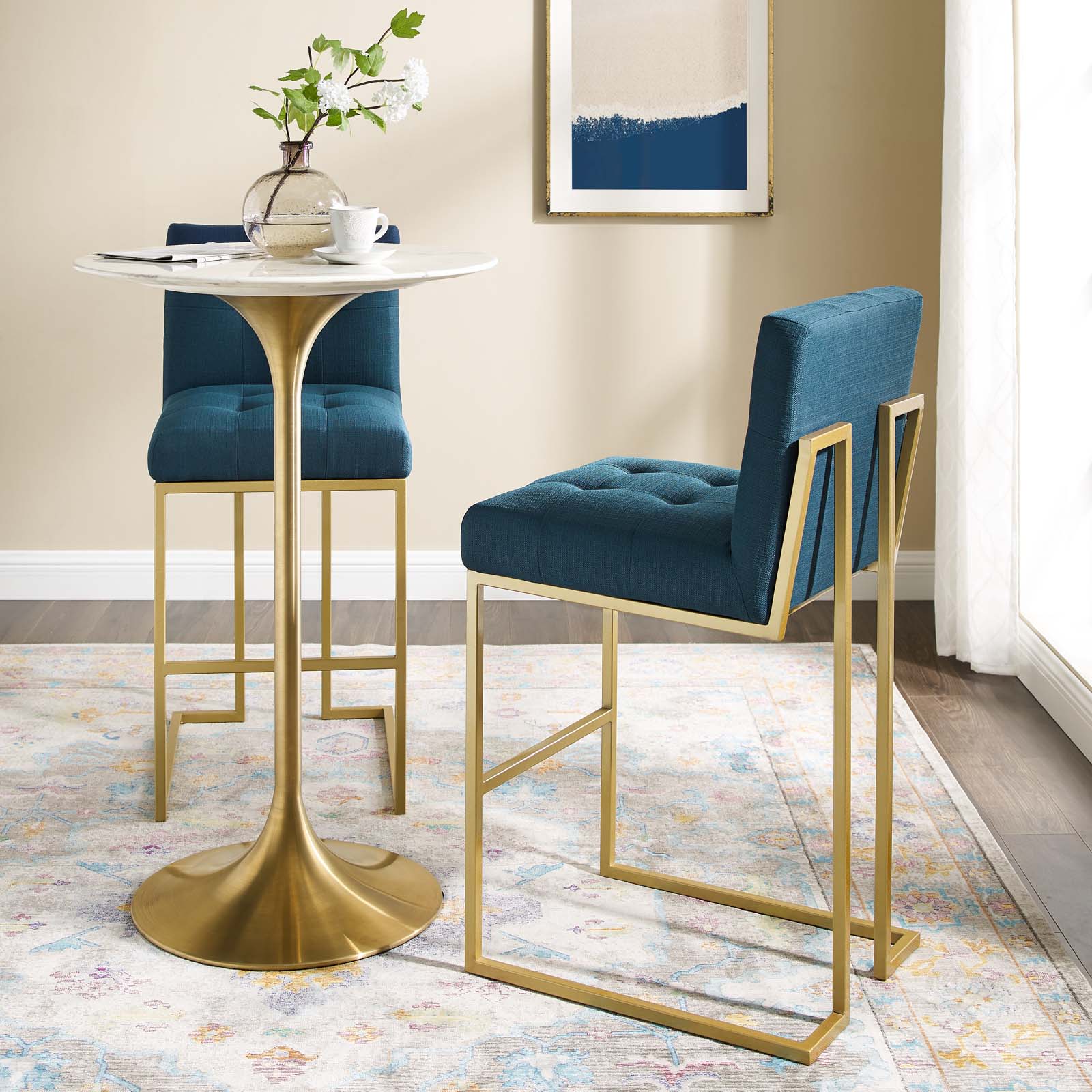 Modway Barstools - Privy Velvet Bar Stool Gold Azure (Set of 2)