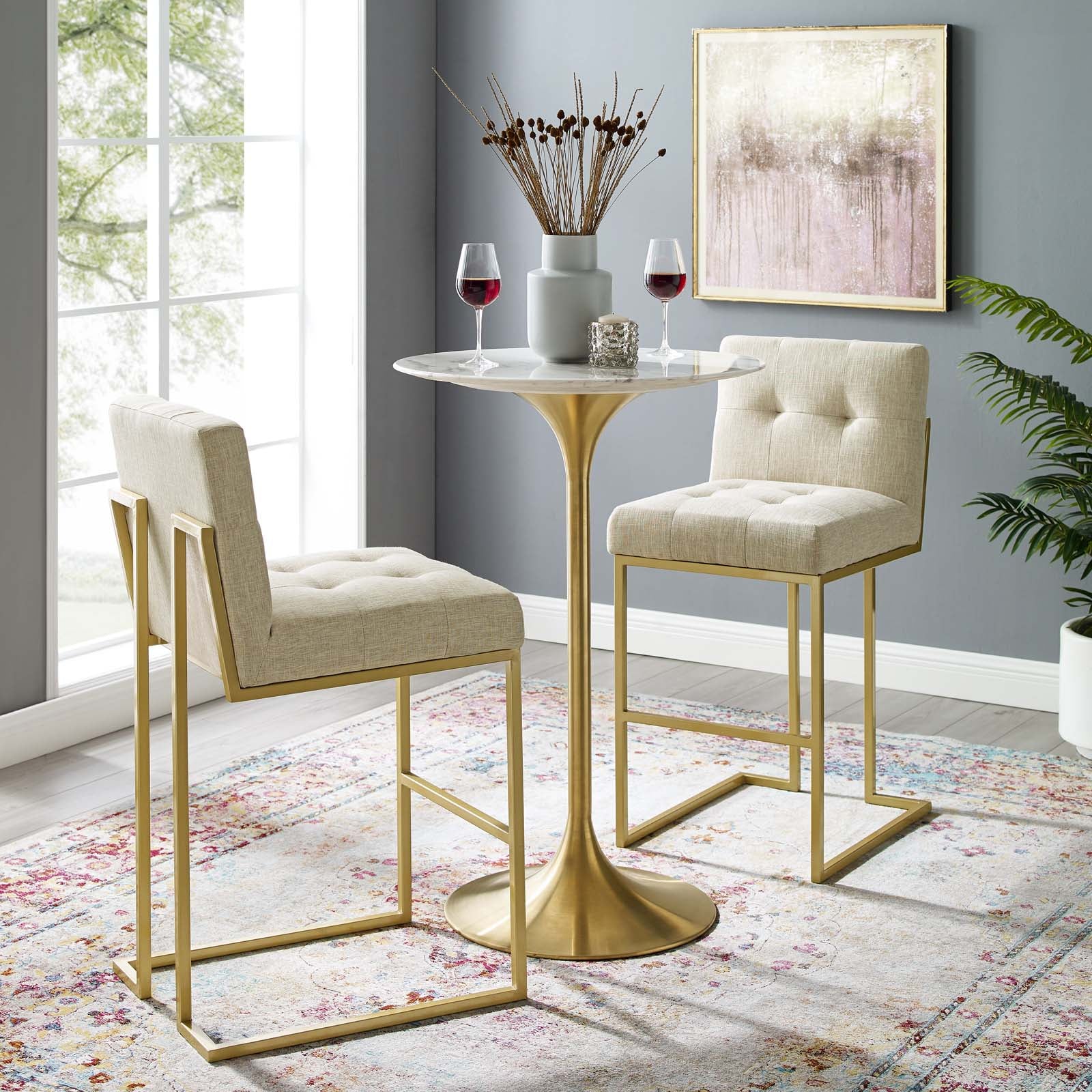 Modway Barstools - Privy Velvet Bar Stool Gold Beige (Set of 2)