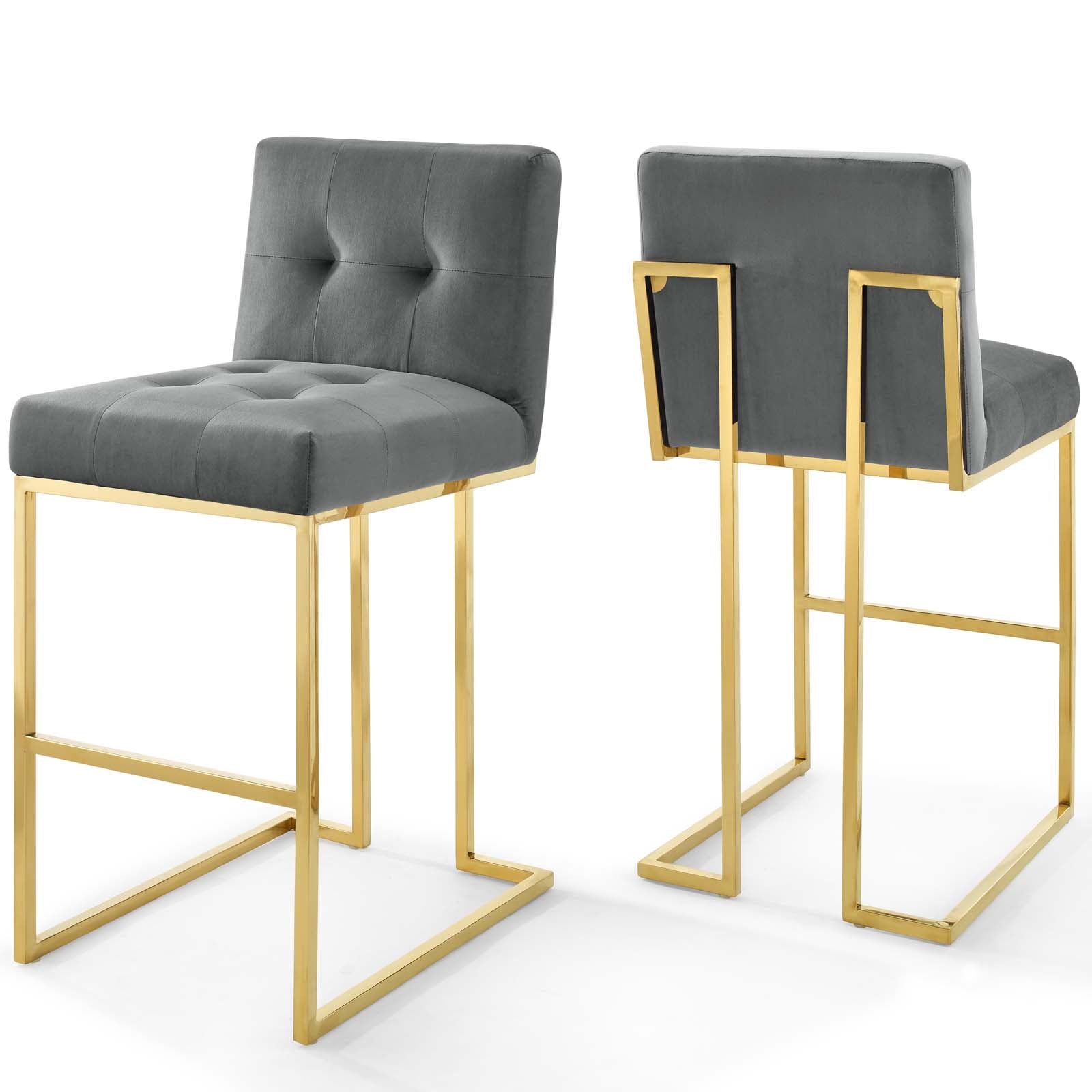 Modway Barstools - Privy Gold Stainless Steel Performance Velvet Bar Stool Set of 2 Gold Charcoal