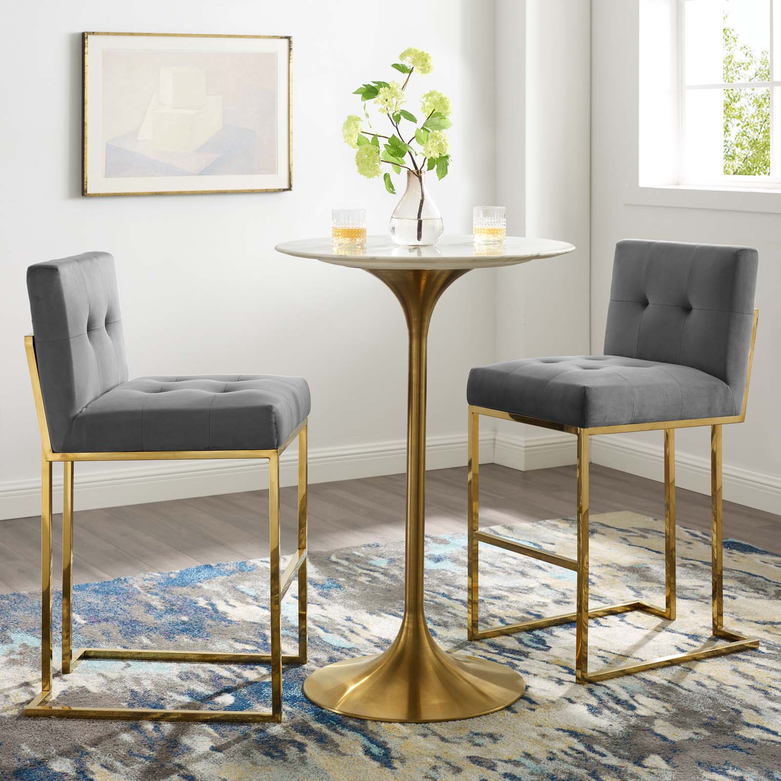 Modway Barstools - Privy Gold Stainless Steel Performance Velvet Bar Stool Set of 2 Gold Charcoal