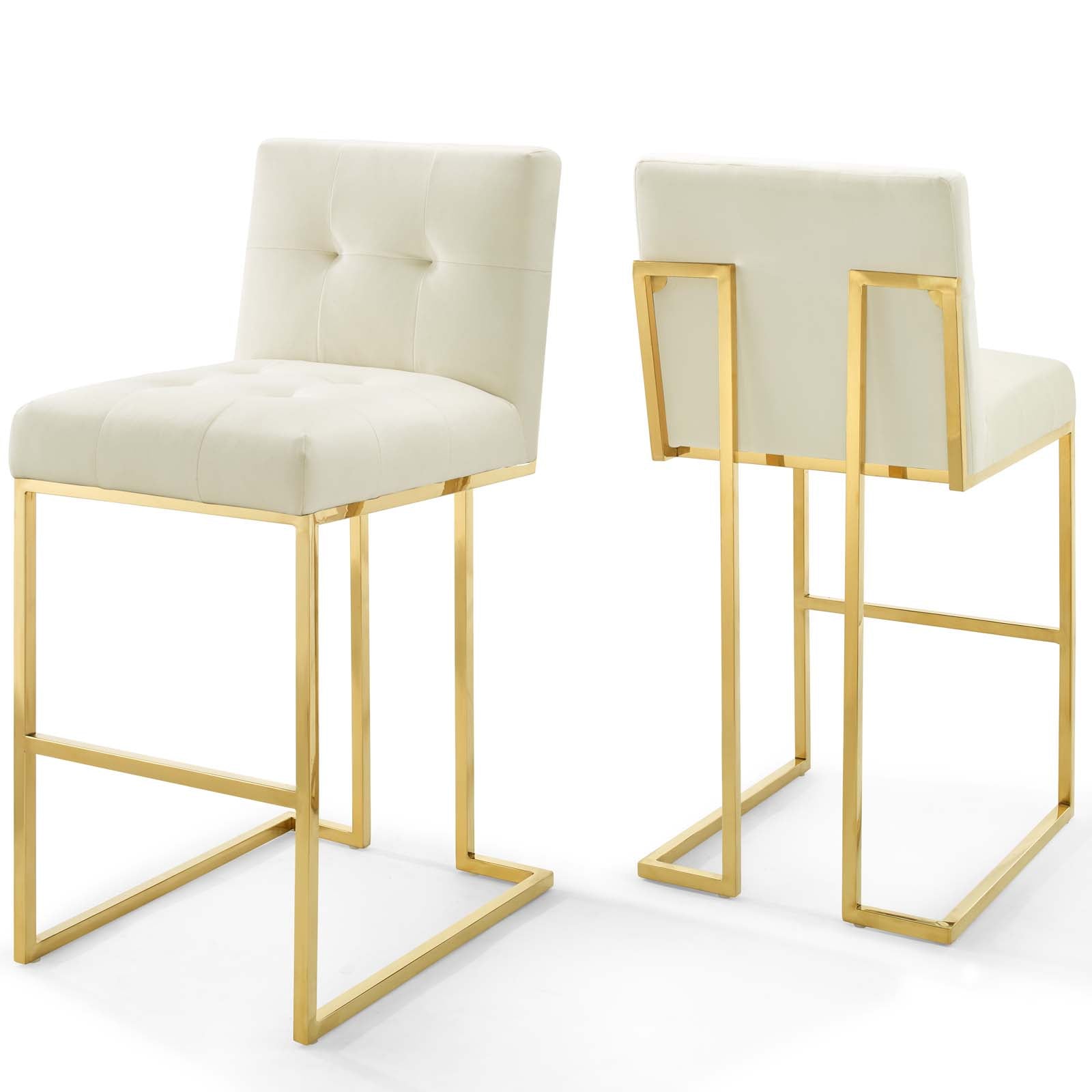 Modway Barstools - Privy Gold Stainless Steel Performance Velvet Bar Stool Set of 2 Gold Ivory