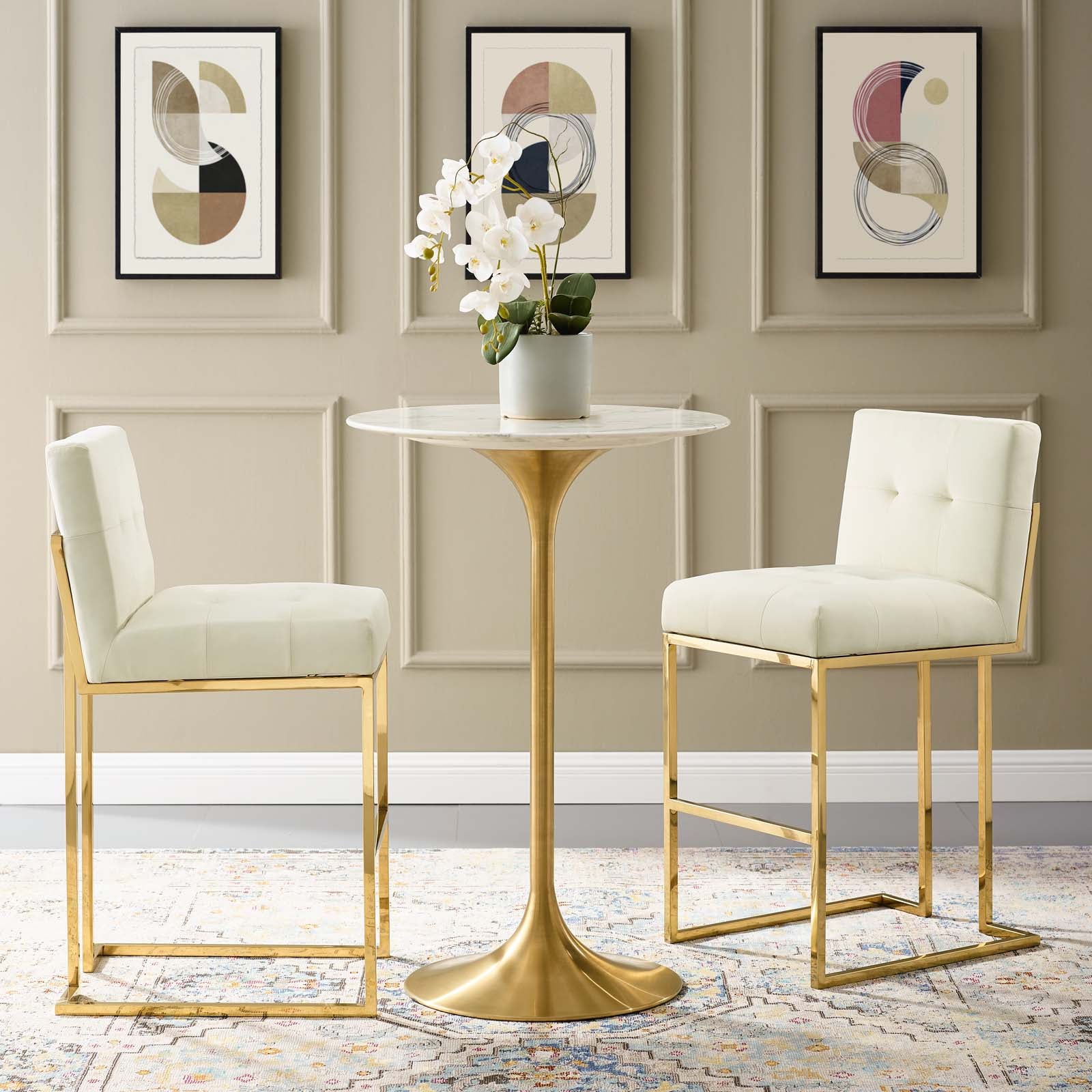 Modway Barstools - Privy Gold Stainless Steel Performance Velvet Bar Stool Set of 2 Gold Ivory