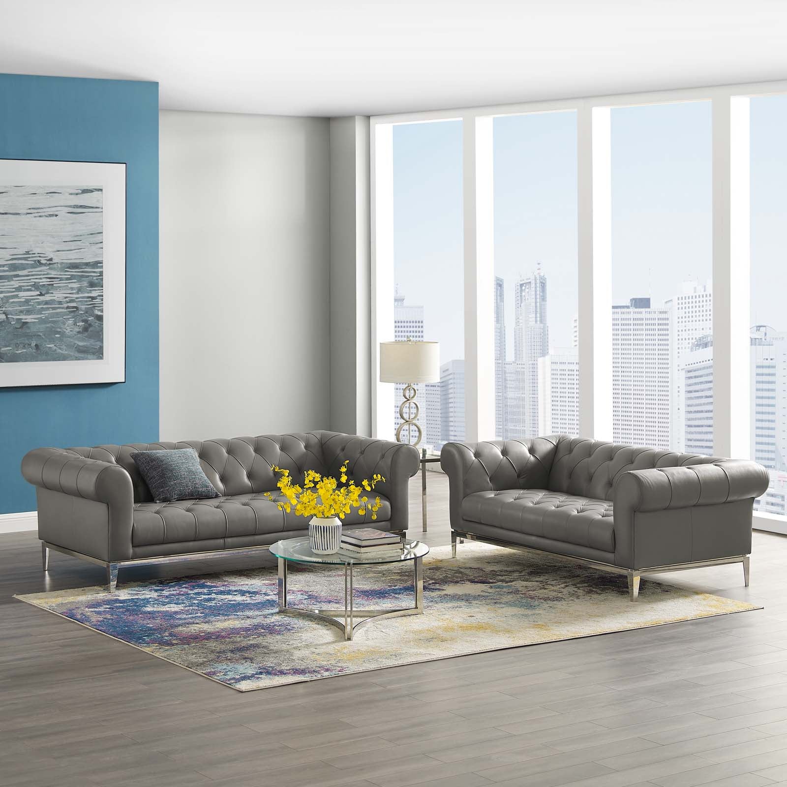 Modway Living Room Sets - Idyll Tufted Upholstered Leather Sofa and Loveseat Set Gray