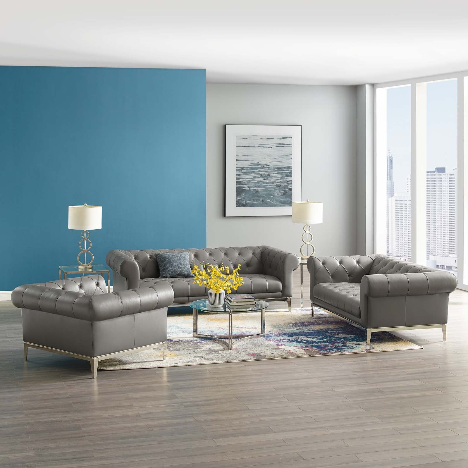Modway Living Room Sets - Idyll-3-Piece-Upholstered-Leather-Set-Gray