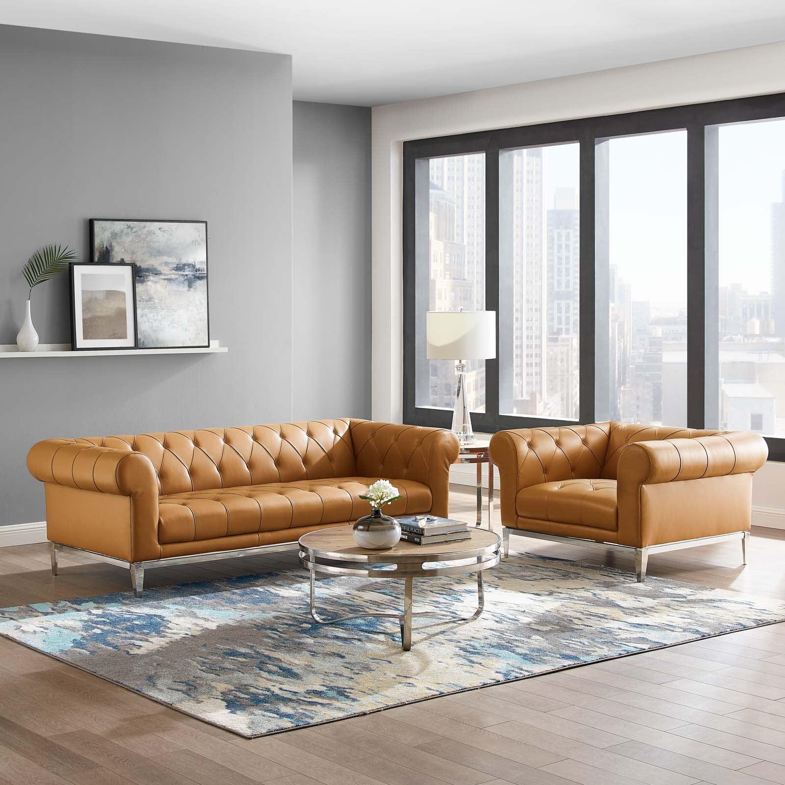 Modway Living Room Sets - Idyll Tufted Upholstered Leather Sofa and Armchair Set Tan