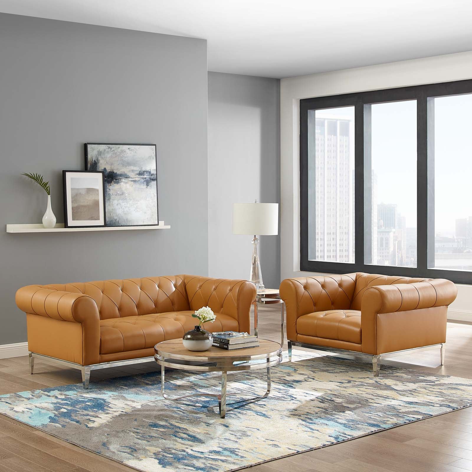 Modway Loveseats - Idyll-Tufted-Upholstered-Leather-Loveseat-and-Armchair-Tan