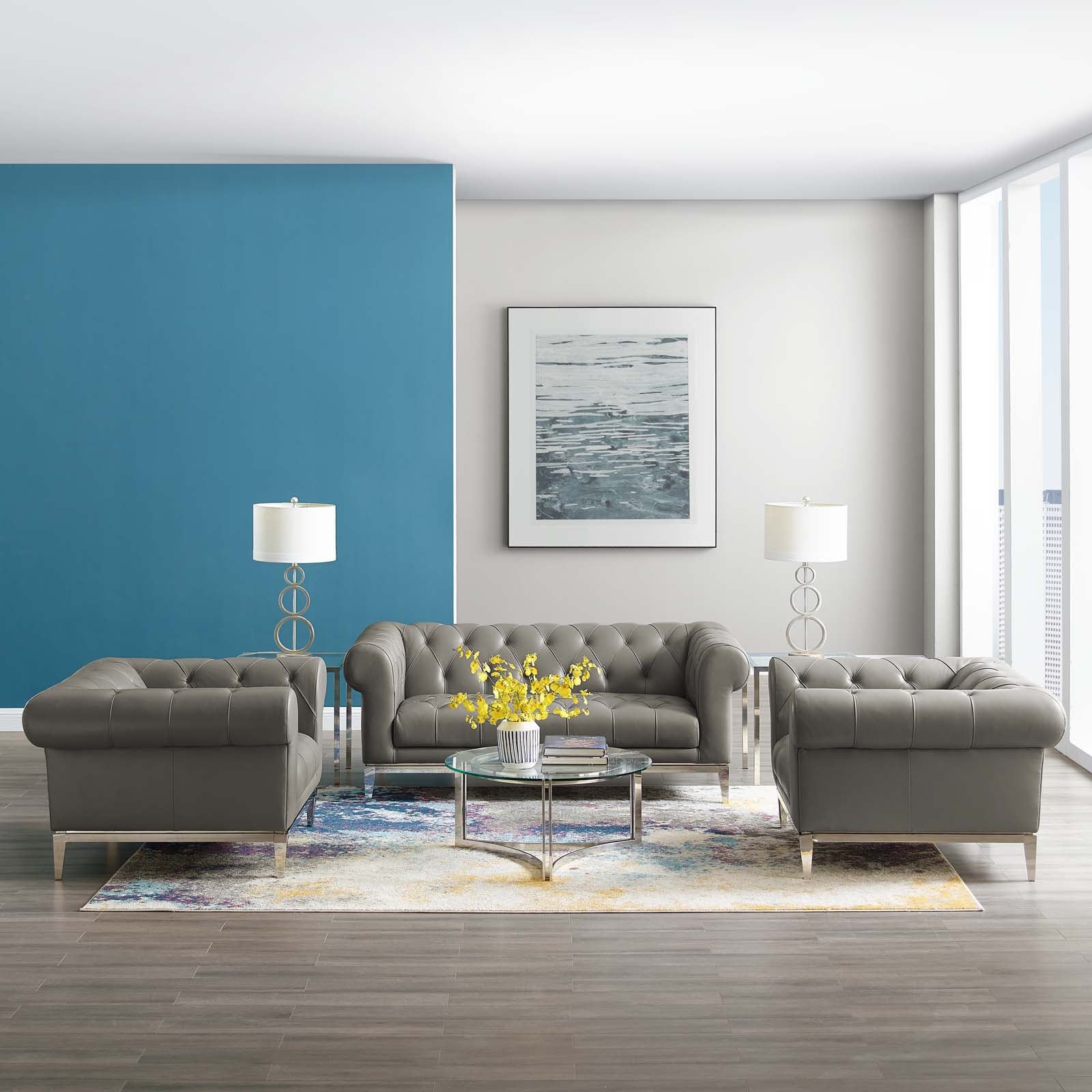 Modway Living Room Sets - Idyll-Tufted-Upholstered-Leather-3-Piece-Set-Gray