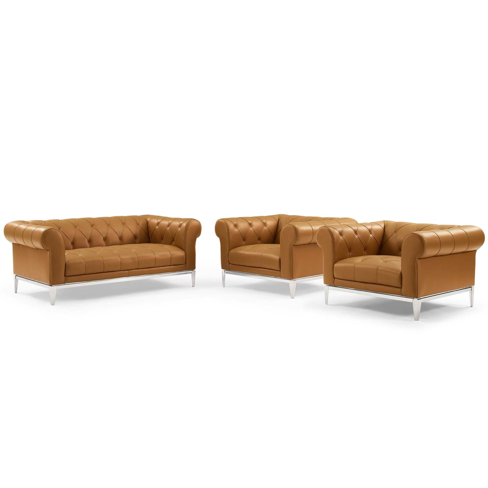 Modway Living Room Sets - Idyll-Tufted-Upholstered-Leather-3-Piece-Set-Tan