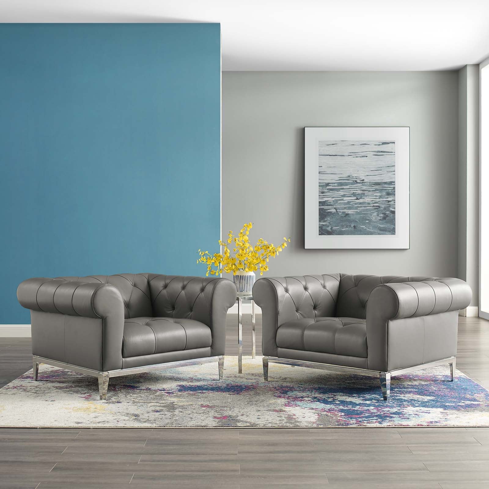 Modway Living Room Sets - Idyll-Tufted-Upholstered-Leather-Armchair-Set-of-2-Gray