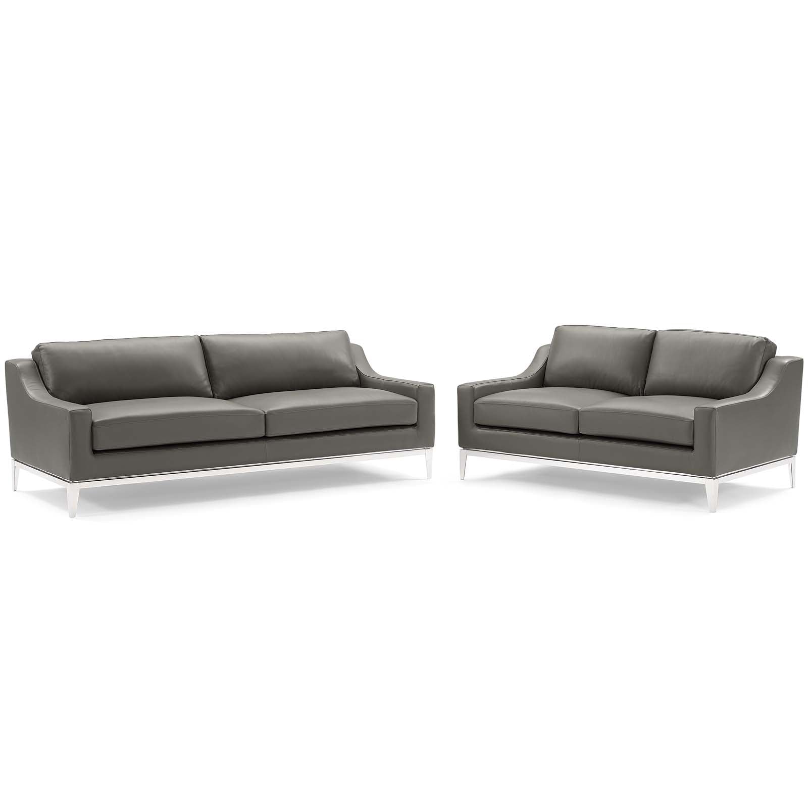 Modway Sofas & Couches - Harness-Stainless-Steel-Base-Leather-Sofa-and-Loveseat-Set-Gray