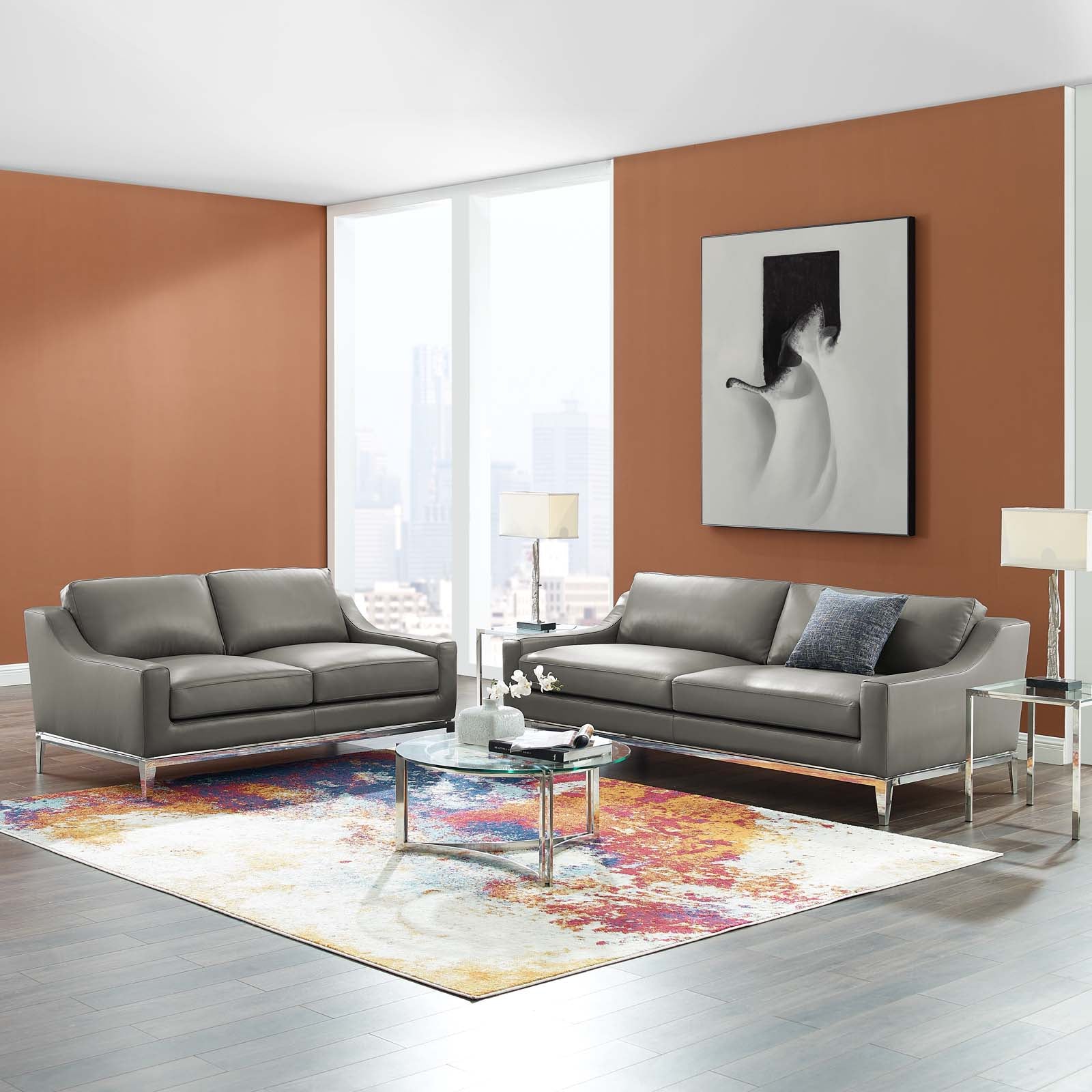 Modway Sofas & Couches - Harness-Stainless-Steel-Base-Leather-Sofa-and-Loveseat-Set-Gray