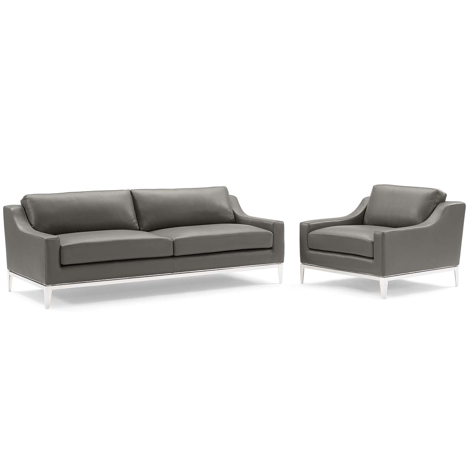 Modway Living Room Sets - Harness Stainless Steel Base Leather Sofa & Armchair Set Gray