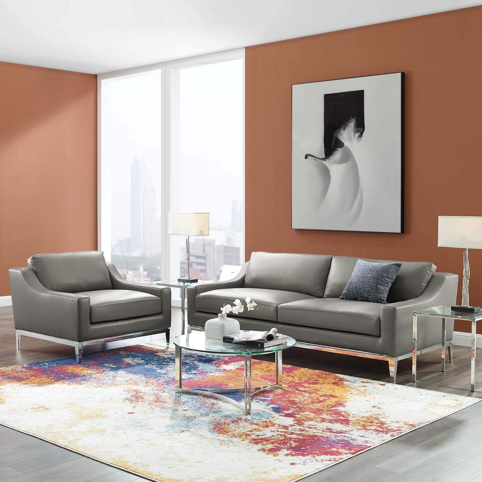 Modway Living Room Sets - Harness Stainless Steel Base Leather Sofa & Armchair Set Gray