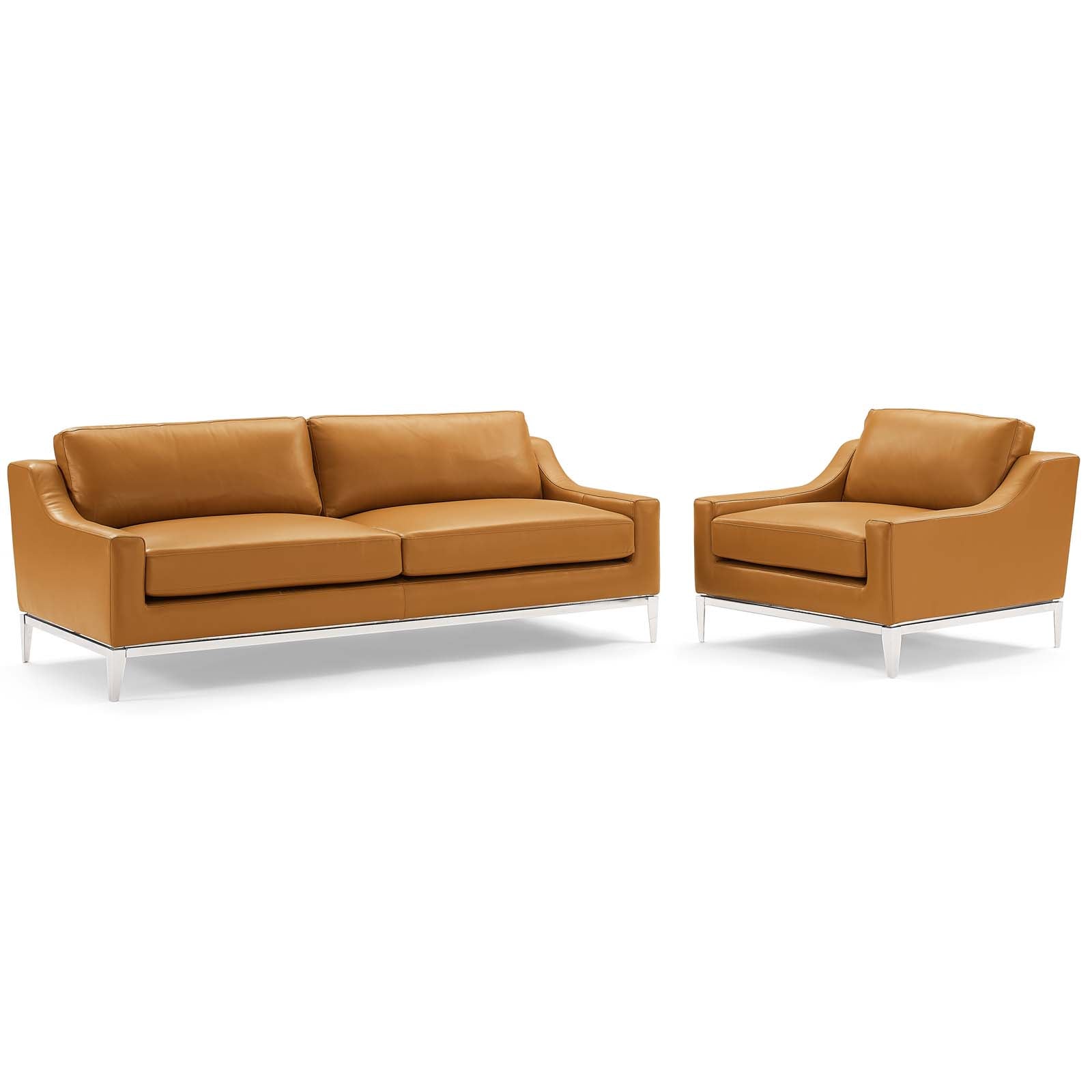 Modway Sofas & Couches - Harness-Stainless-Steel-Base-Leather-Sofa-&-Armchair-Set-Tan