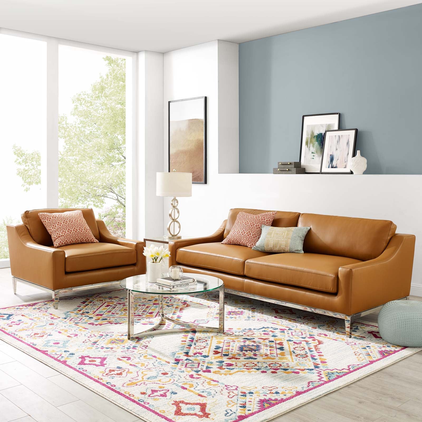 Modway Sofas & Couches - Harness-Stainless-Steel-Base-Leather-Sofa-&-Armchair-Set-Tan