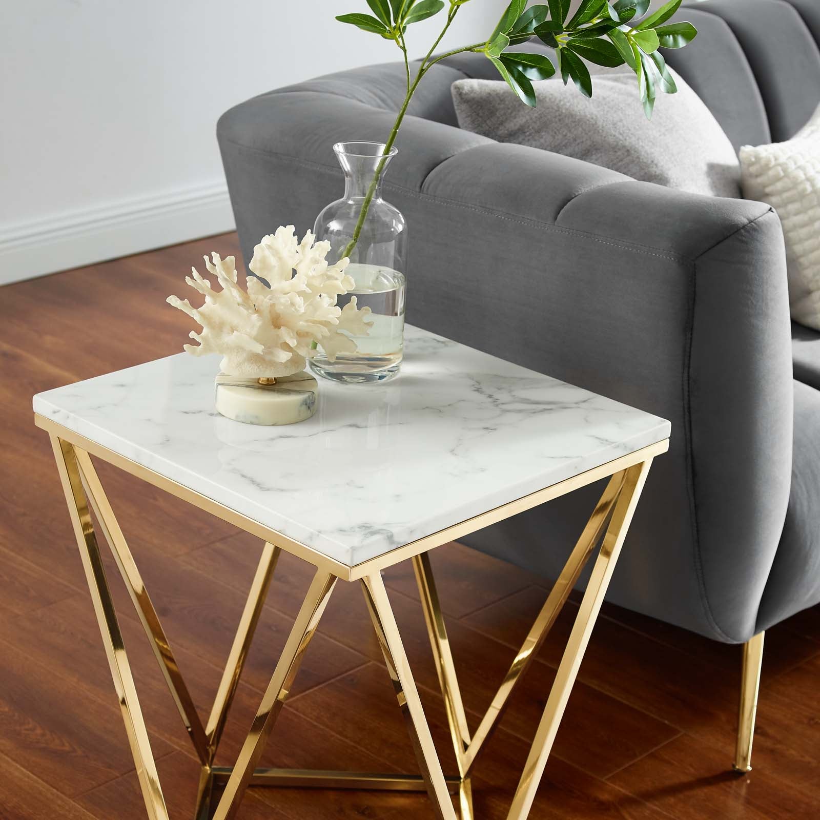 Modway Side & End Tables - Vertex Gold Metal Stainless Steel End Table Gold White