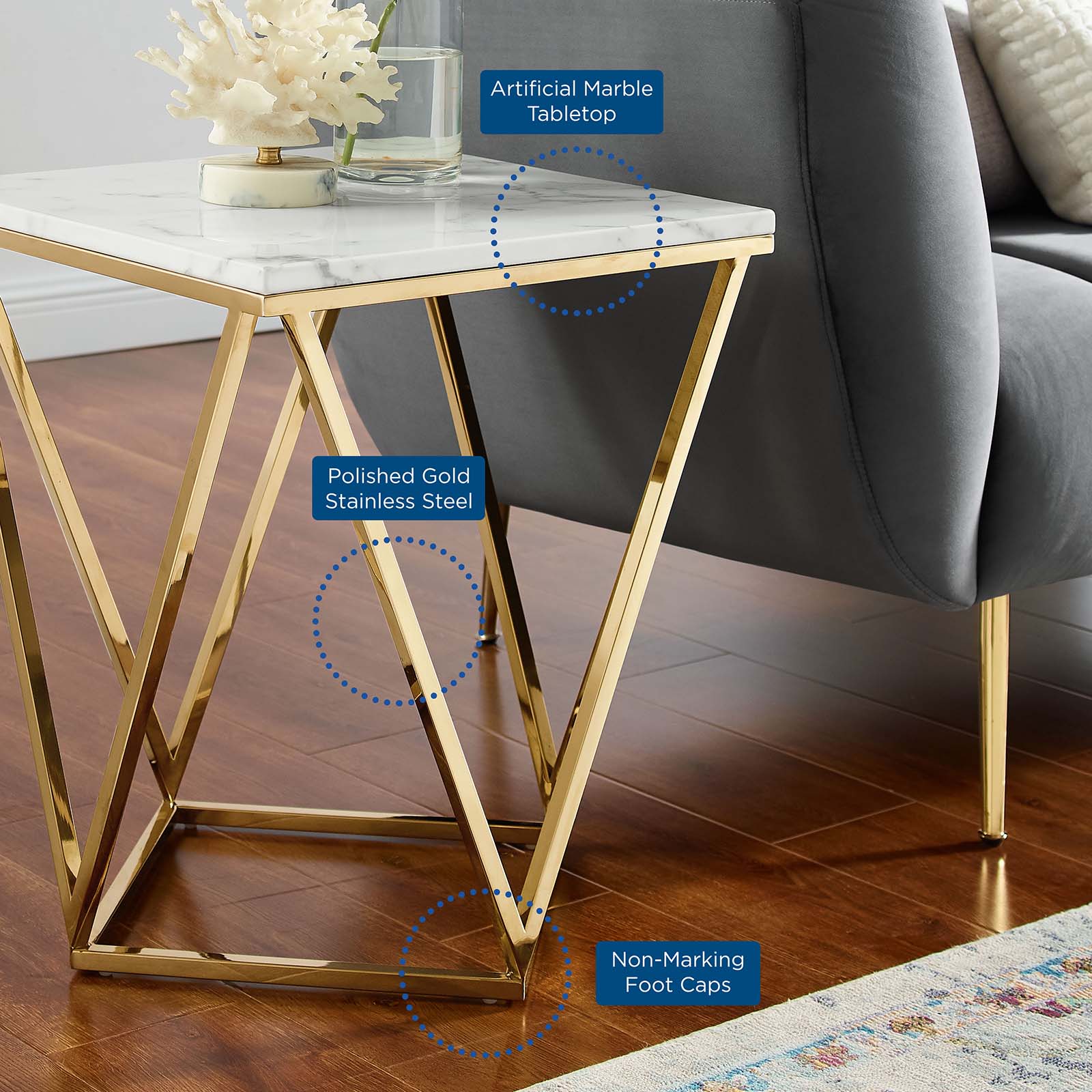 Modway Side & End Tables - Vertex Gold Metal Stainless Steel End Table Gold White