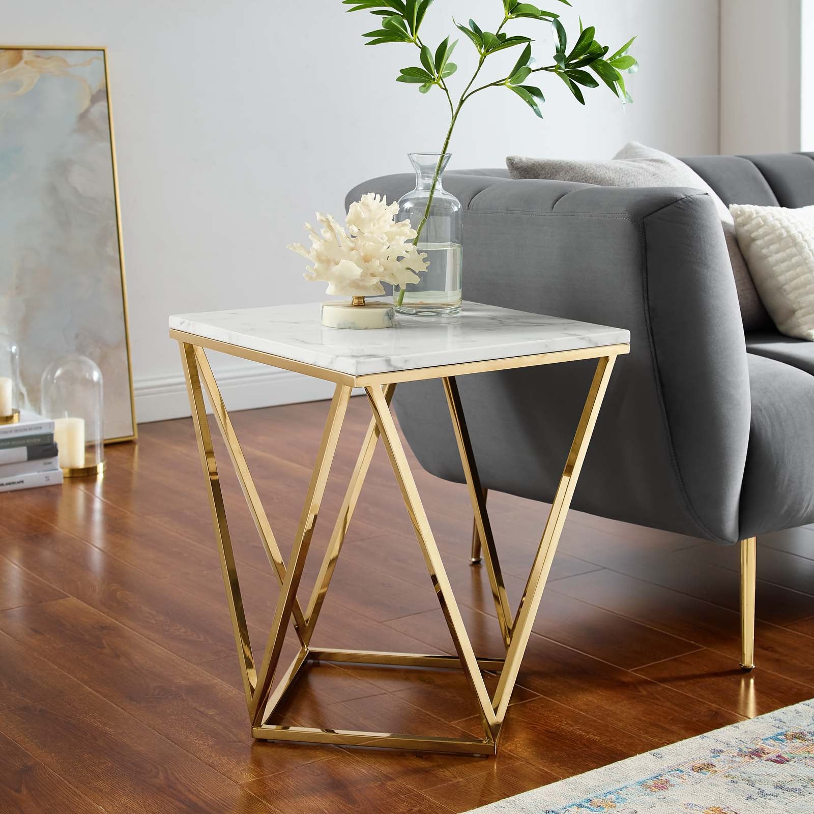 Modway Side & End Tables - Vertex Gold Metal Stainless Steel End Table Gold White