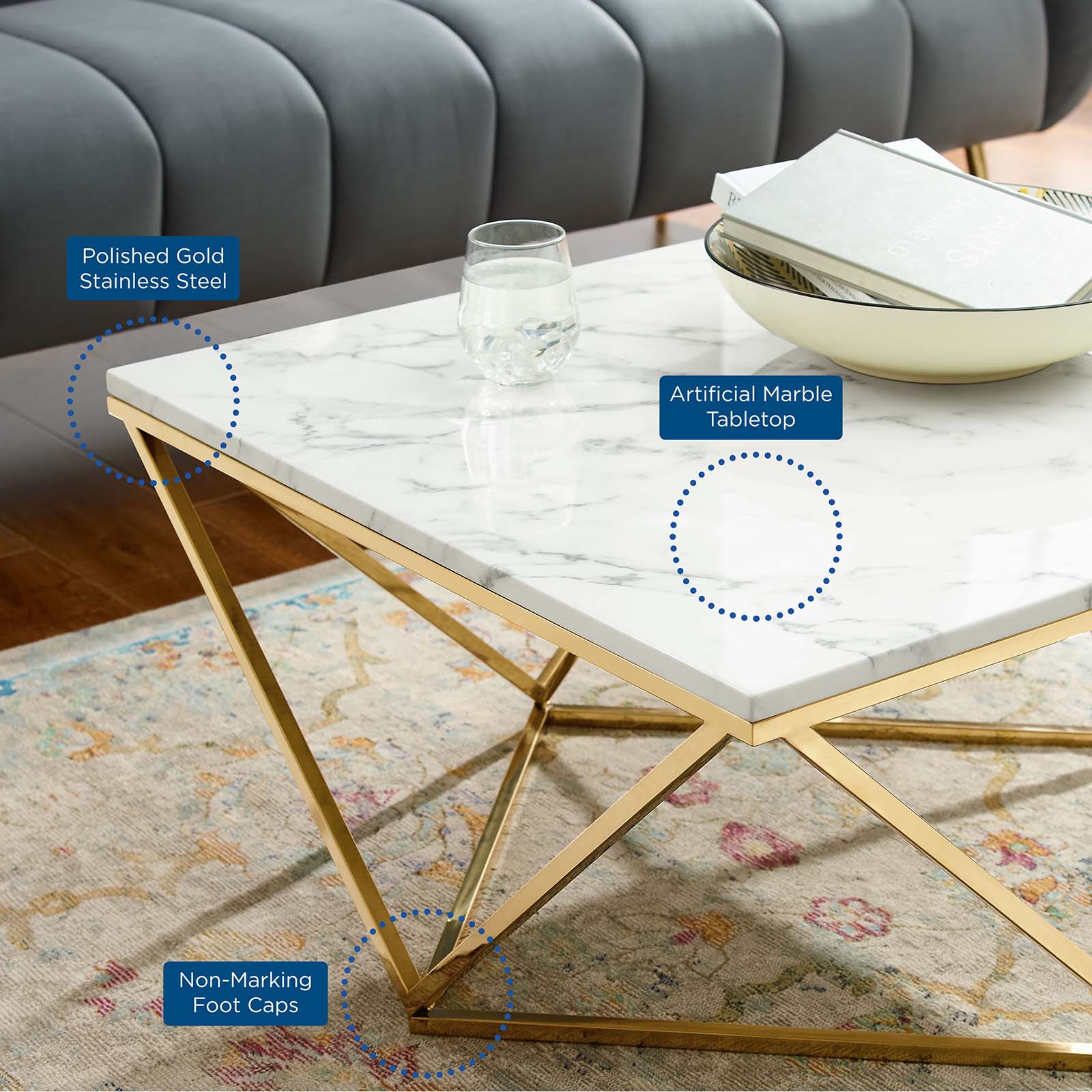 Modway Side & End Tables - Vertex Gold Metal Stainless Steel Coffee Table Gold White