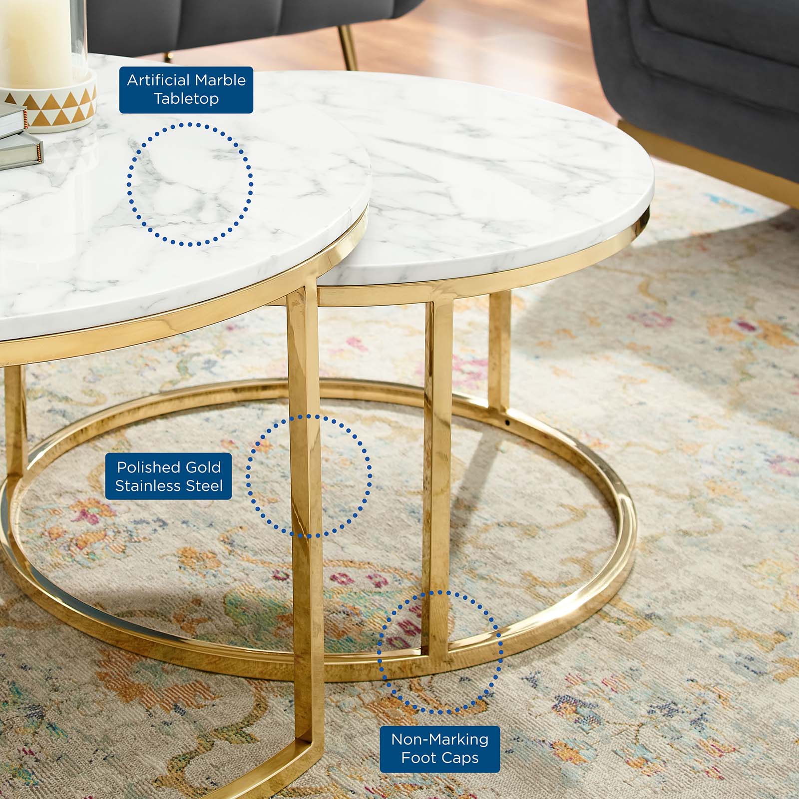 Modway Coffee Tables - Ravenna Artificial Marble Nesting Coffee Table Gold White