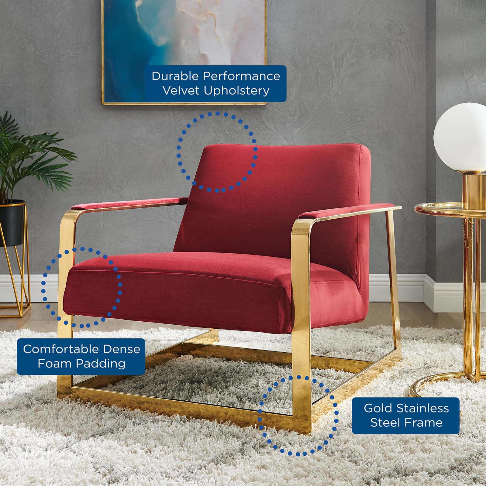Modway Chairs - Seg Performance Velvet Accent Chair Gold Maroon