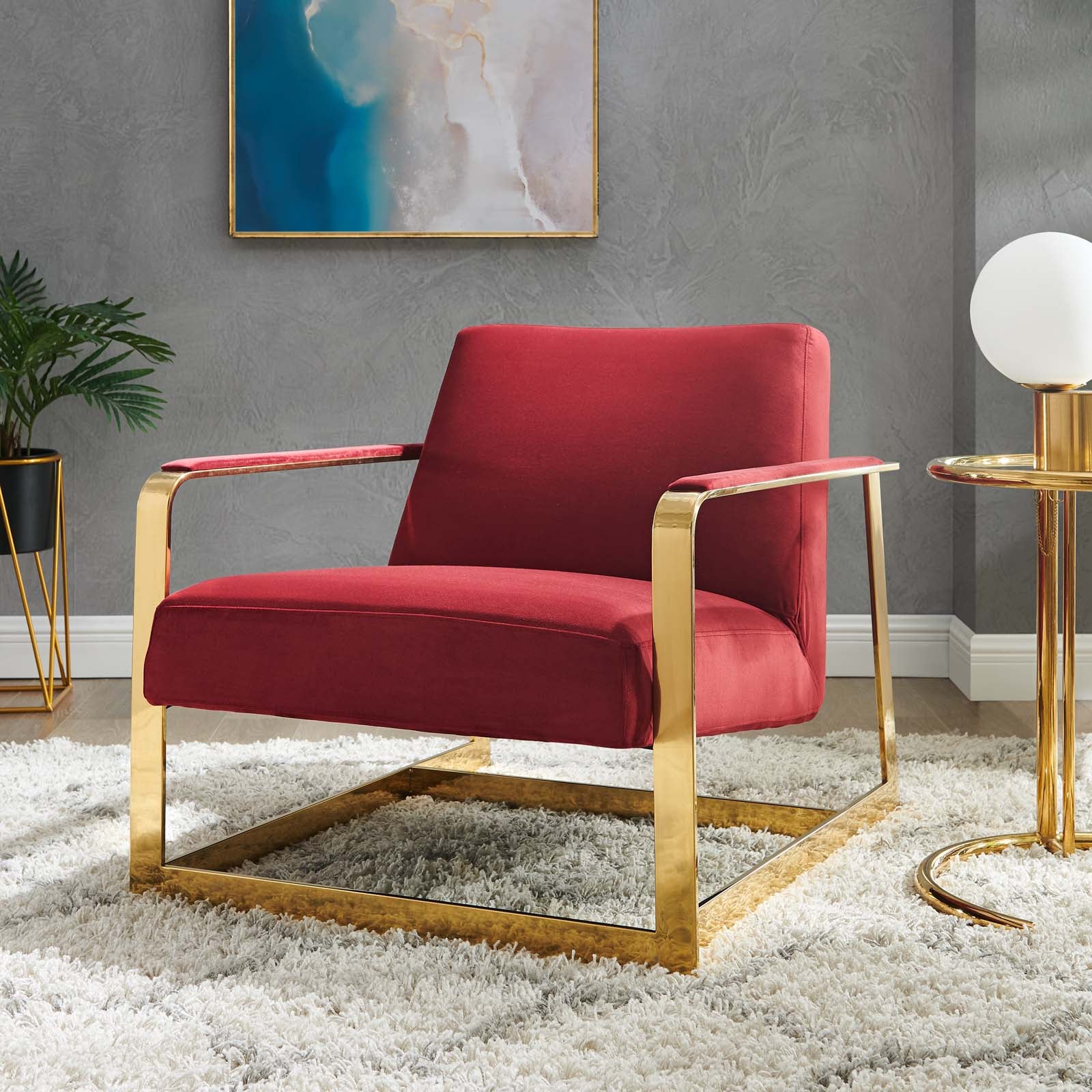 Modway Chairs - Seg Performance Velvet Accent Chair Gold Maroon