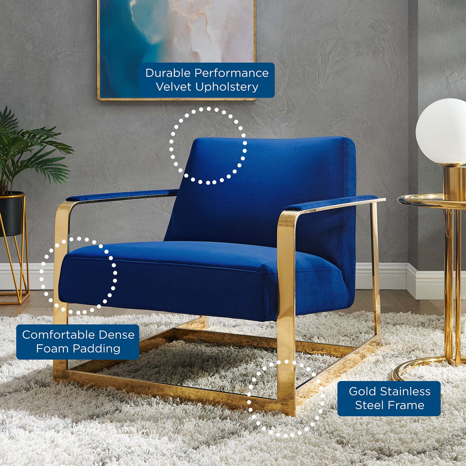 Modway Chairs - Seg Performance Velvet Accent Chair Gold Navy
