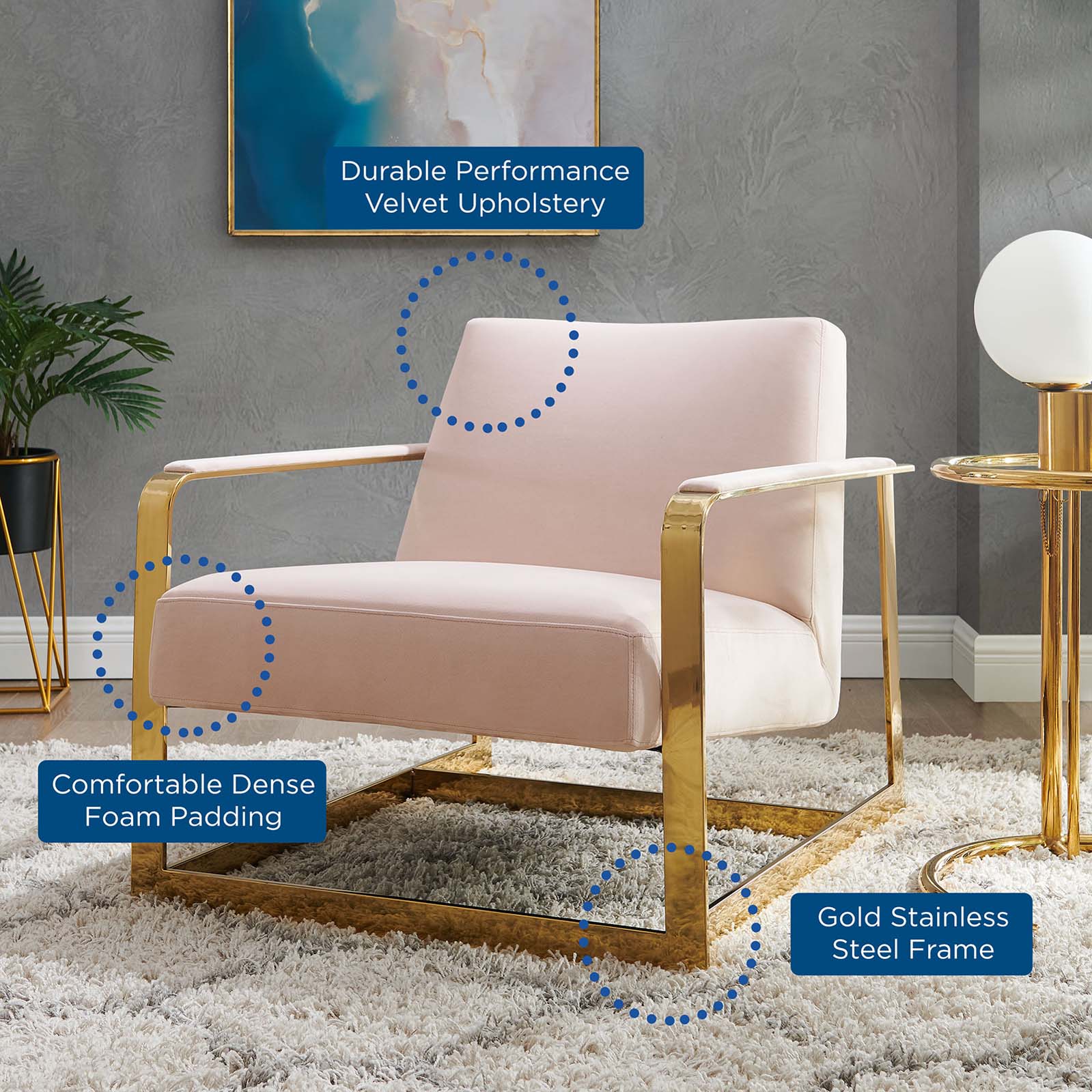 Modway Chairs - Seg Performance Velvet Accent Chair Gold Pink