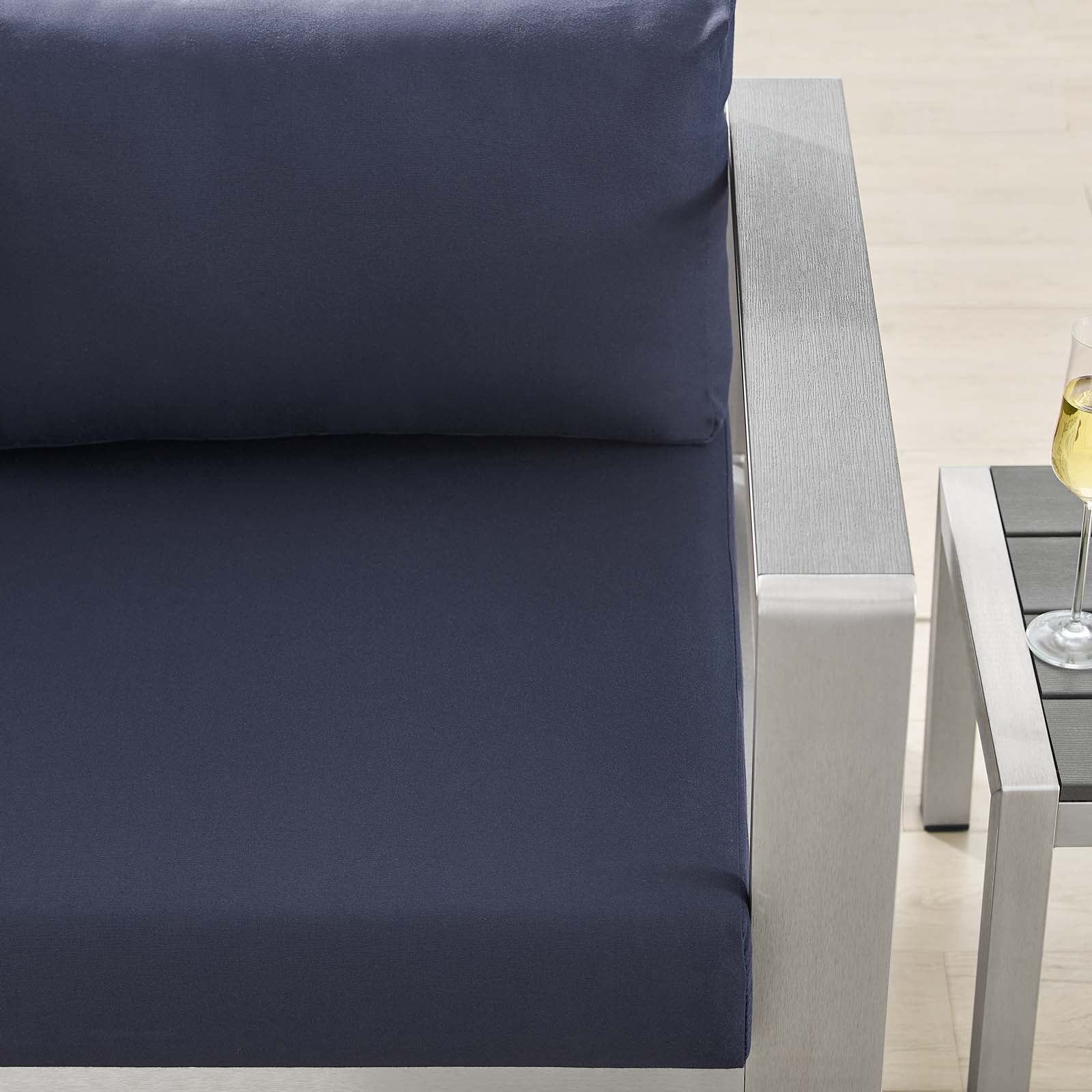 Modway Outdoor Sofas - Shore Sunbrella Fabric Aluminum Outdoor Patio Right-Arm Loveseat Silver Navy