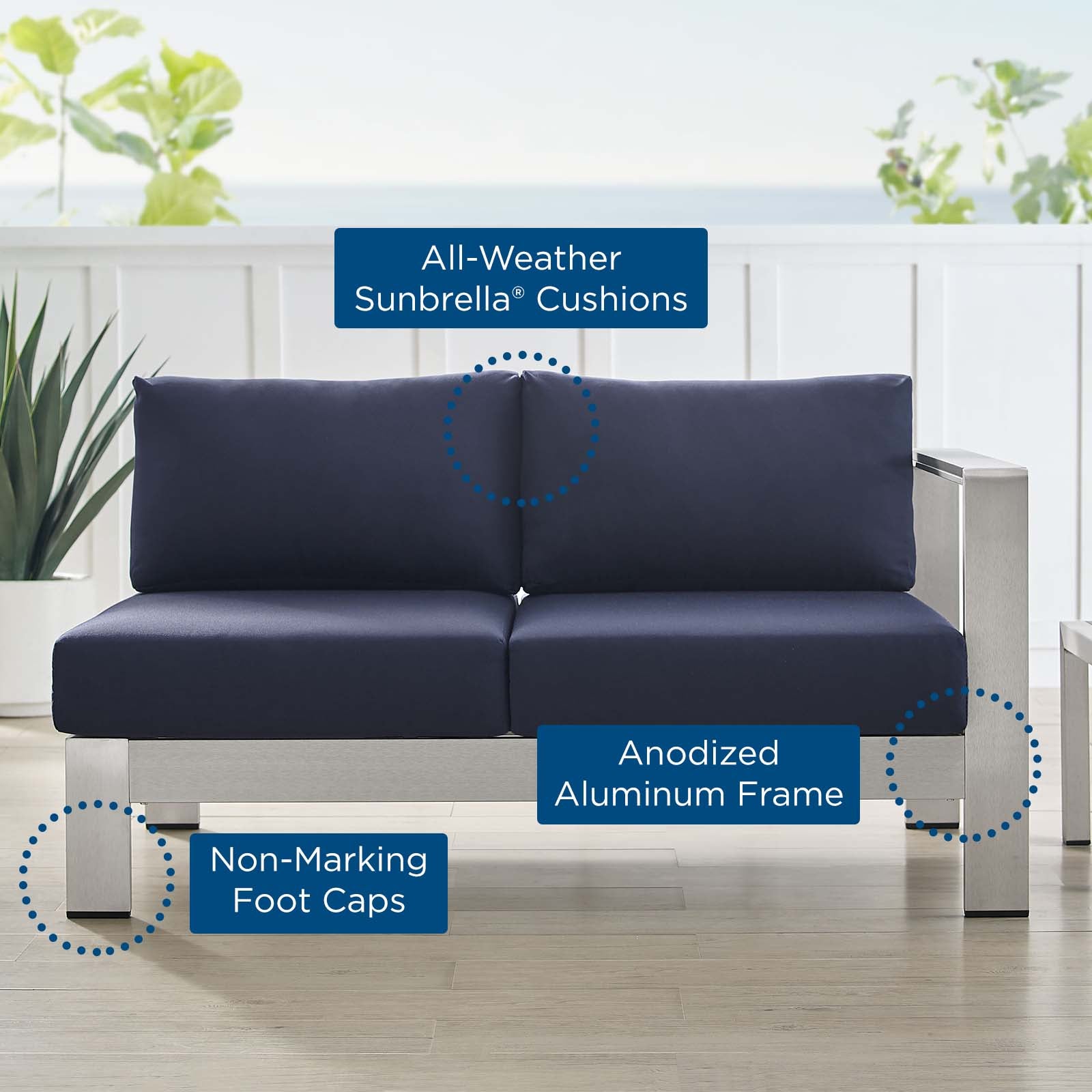 Modway Outdoor Sofas - Shore Sunbrella Fabric Aluminum Outdoor Patio Right-Arm Loveseat Silver Navy