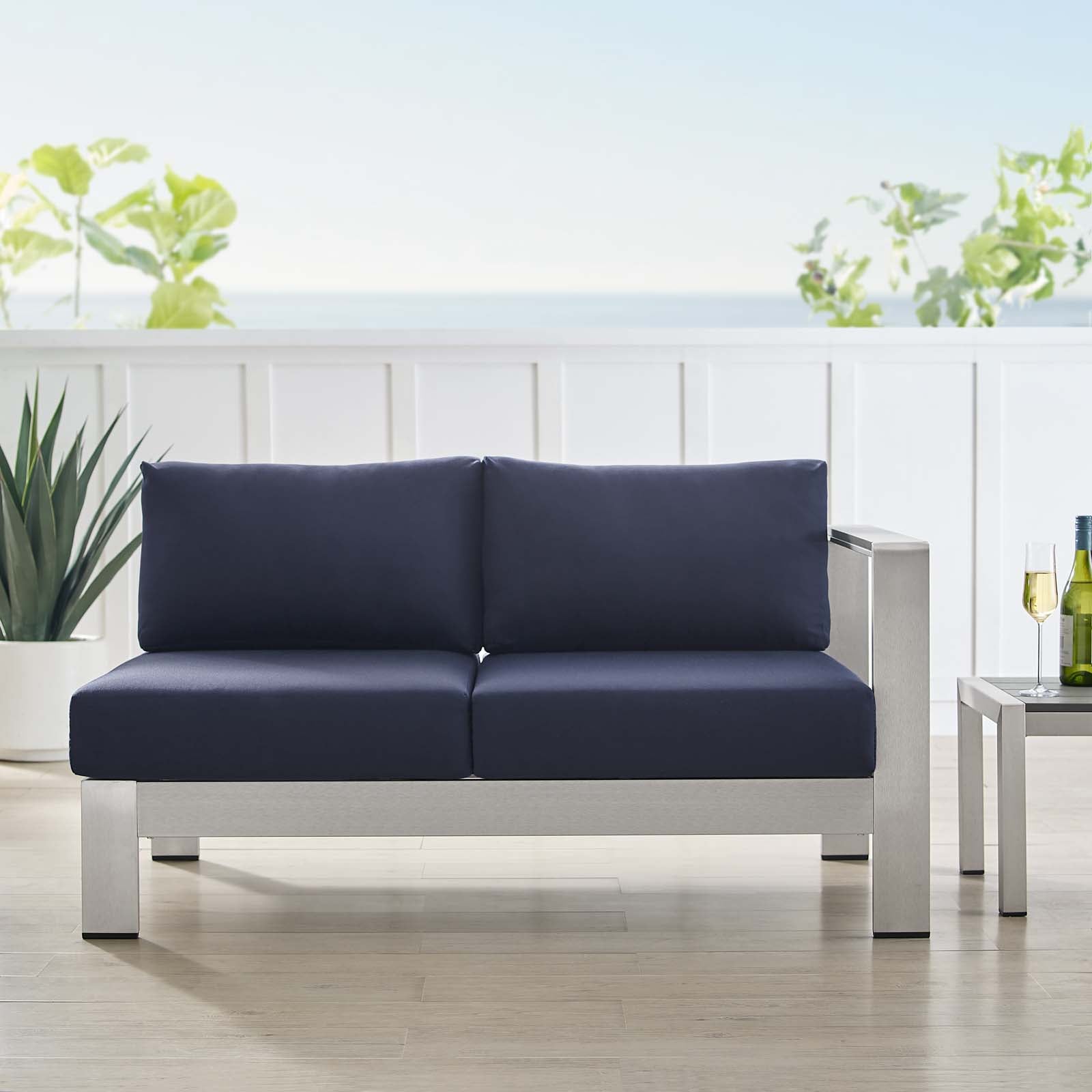 Modway Outdoor Sofas - Shore Sunbrella Fabric Aluminum Outdoor Patio Right-Arm Loveseat Silver Navy