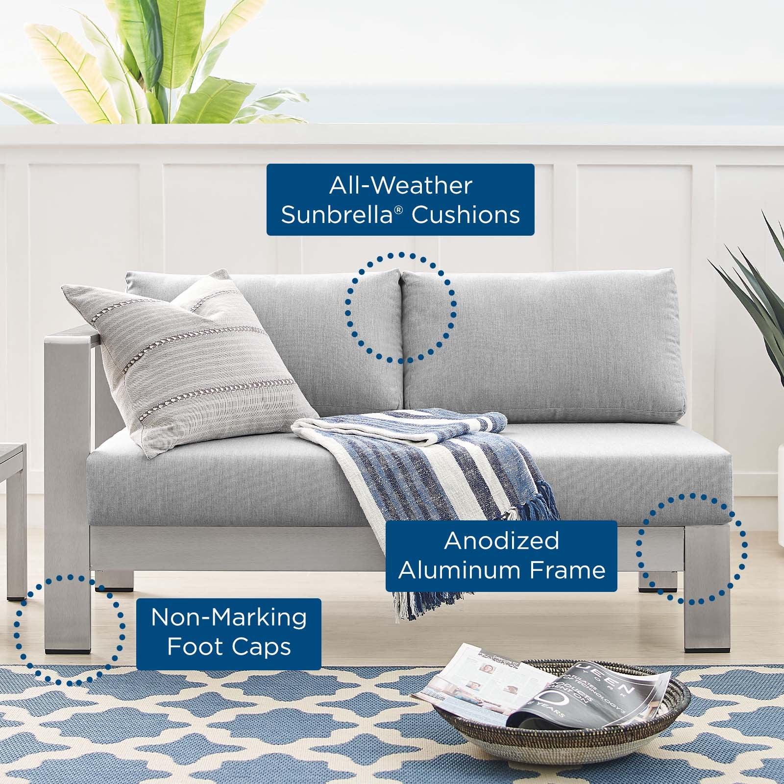 Modway Outdoor Sofas - Shore Sunbrella Fabric Aluminum Outdoor Patio Left-Arm Loveseat Silver Gray