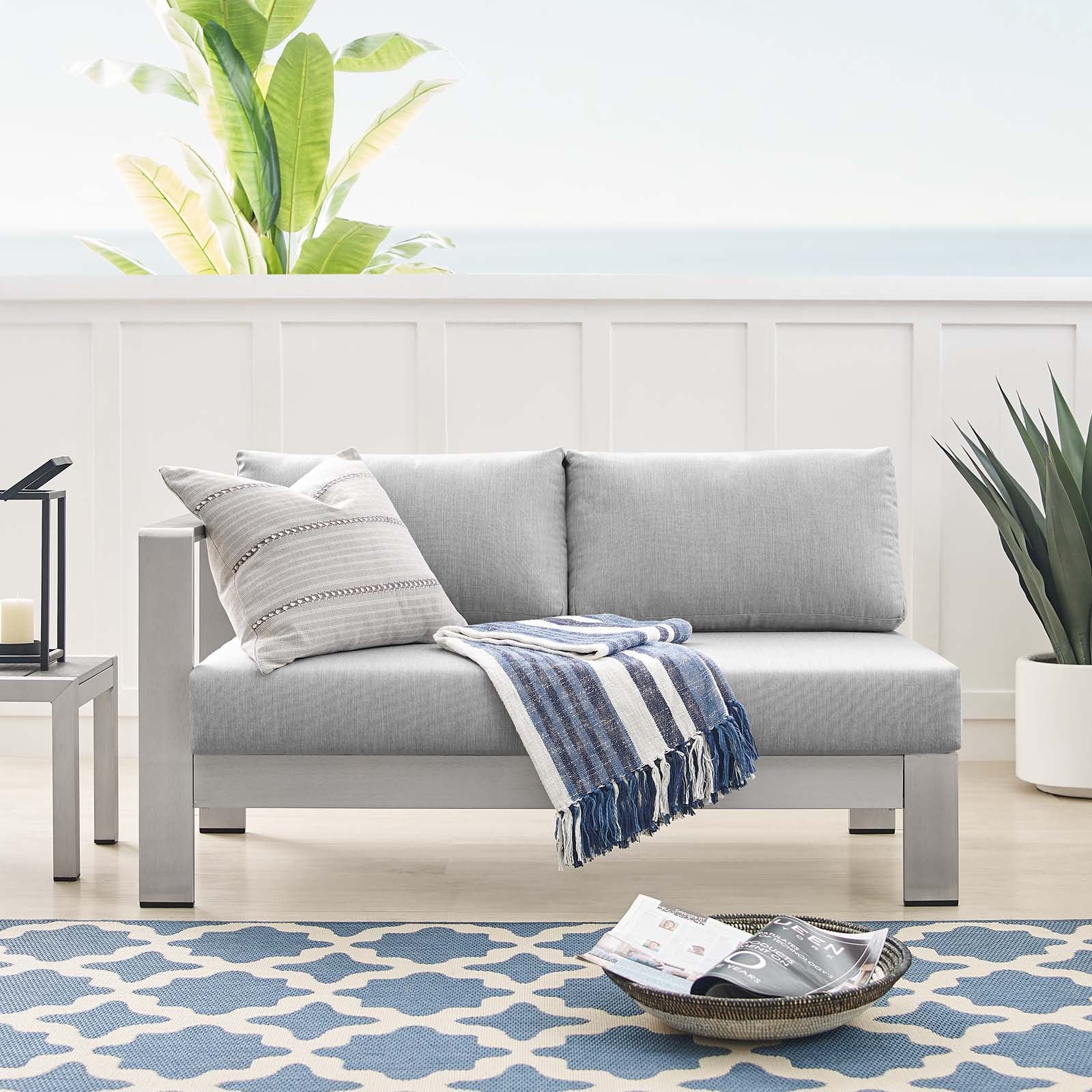 Modway Outdoor Sofas - Shore Sunbrella Fabric Aluminum Outdoor Patio Left-Arm Loveseat Silver Gray