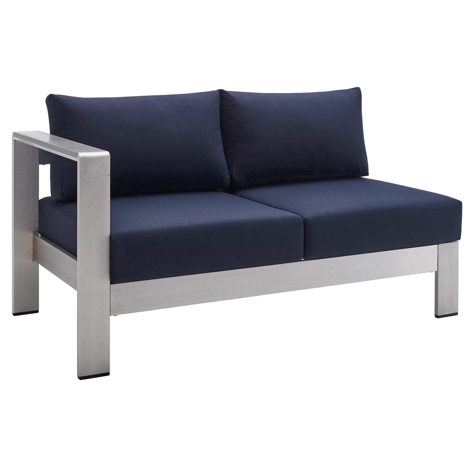 Modway Outdoor Sofas - Shore Sunbrella Fabric Aluminum Outdoor Patio Left-Arm Loveseat Silver Navy