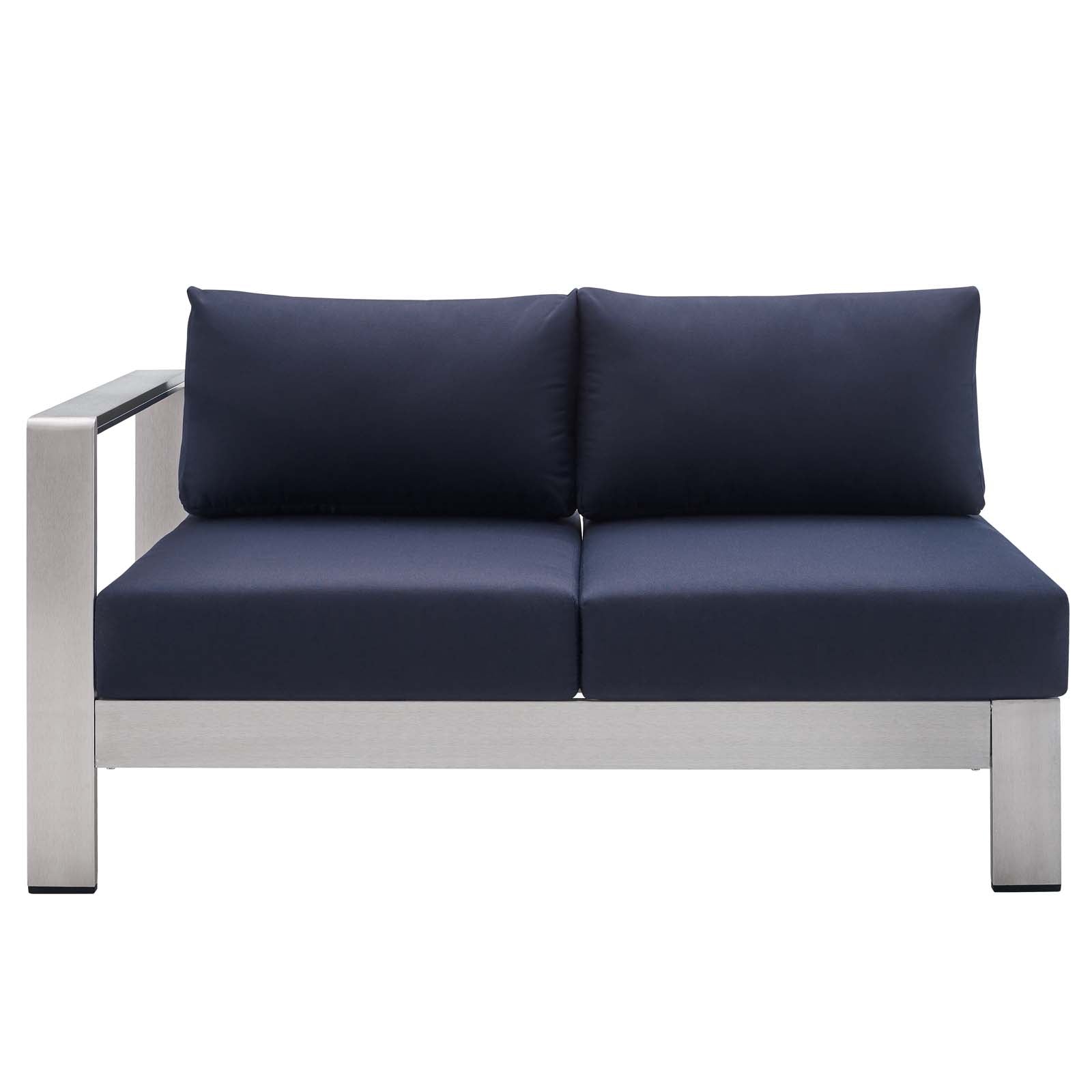 Modway Outdoor Sofas - Shore Sunbrella Fabric Aluminum Outdoor Patio Left-Arm Loveseat Silver Navy
