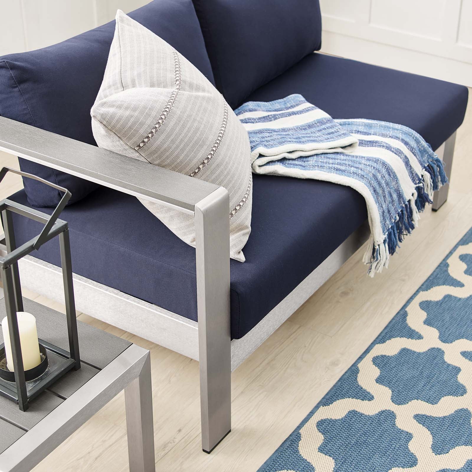 Modway Outdoor Sofas - Shore Sunbrella Fabric Aluminum Outdoor Patio Left-Arm Loveseat Silver Navy