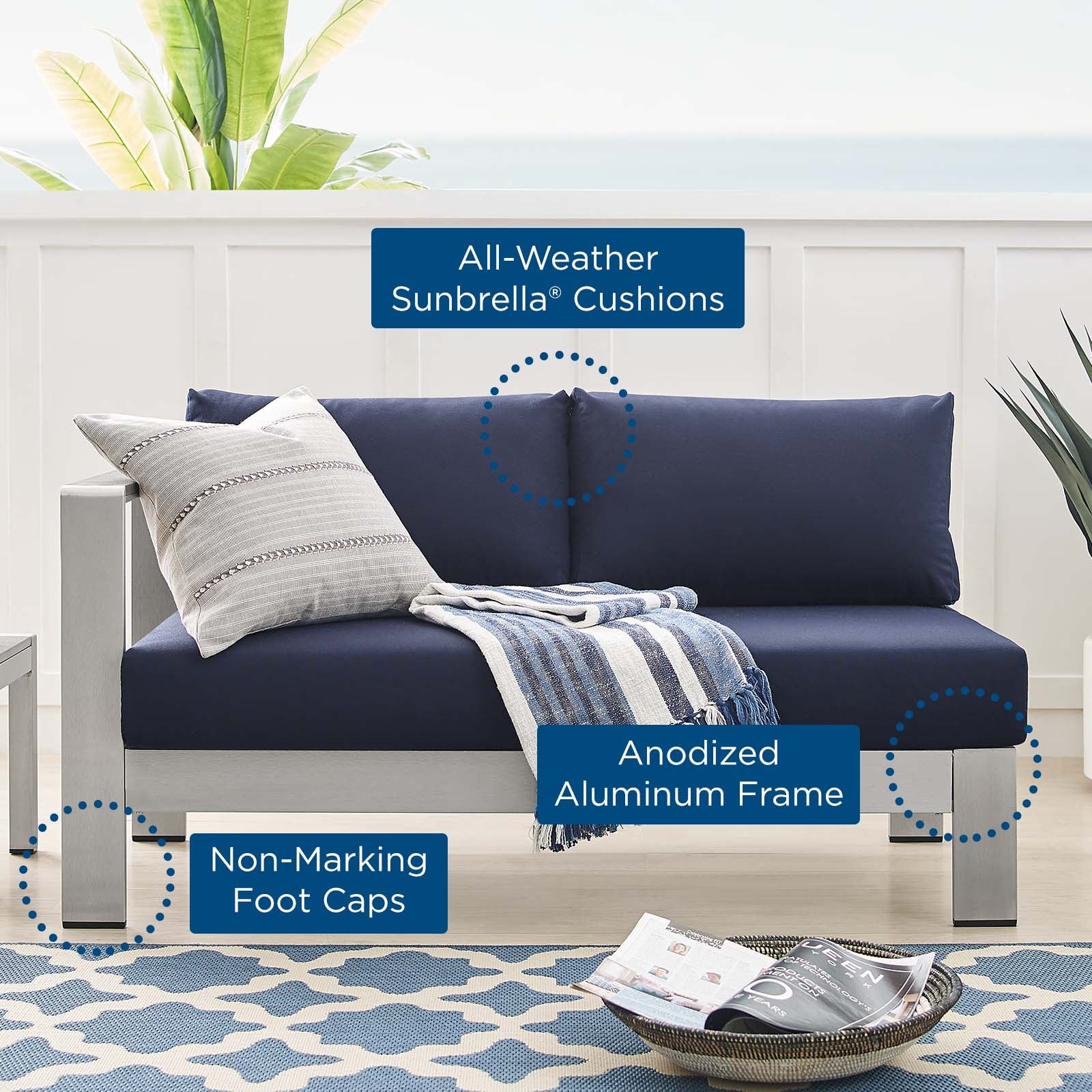 Modway Outdoor Sofas - Shore Sunbrella Fabric Aluminum Outdoor Patio Left-Arm Loveseat Silver Navy
