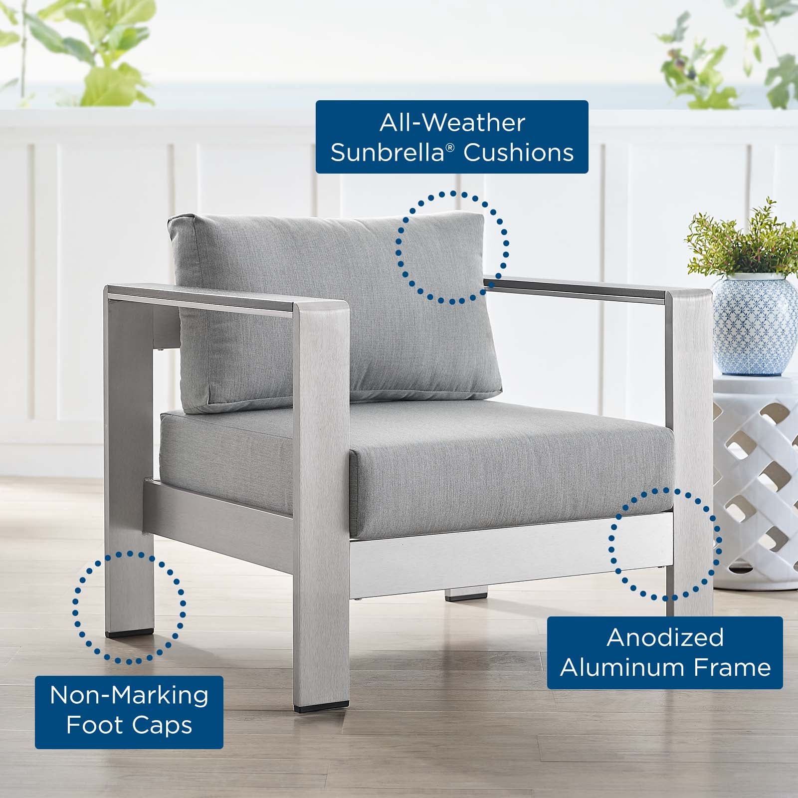 Modway Outdoor Chairs - Shore Sunbrella Fabric Aluminum Outdoor Patio Armchair Silver Gray