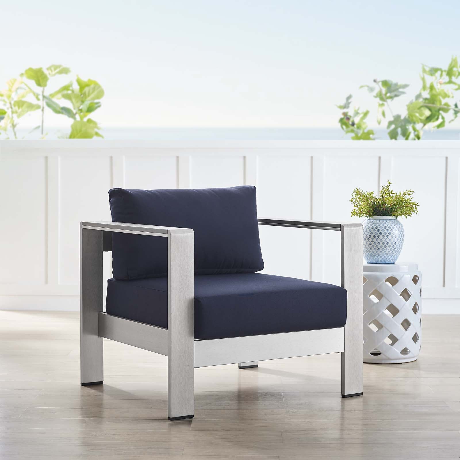 Modway Outdoor Chairs - Shore Sunbrella Fabric Aluminum Outdoor Patio Armchair Silver Navy