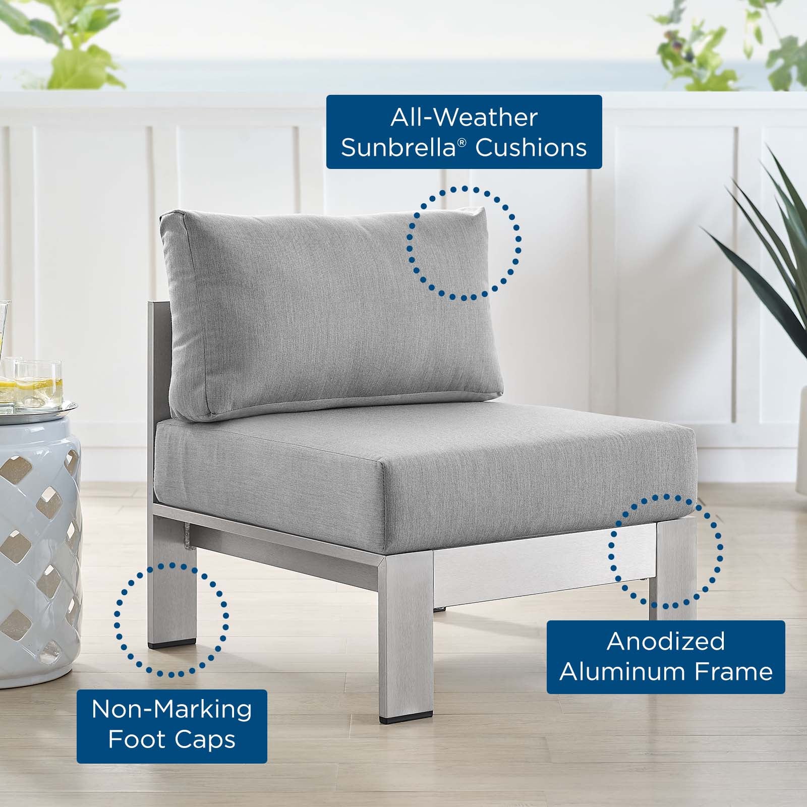 Modway Outdoor Chairs - Shore Sunbrella Fabric Aluminum Outdoor Patio Armless Chair Silver Gray