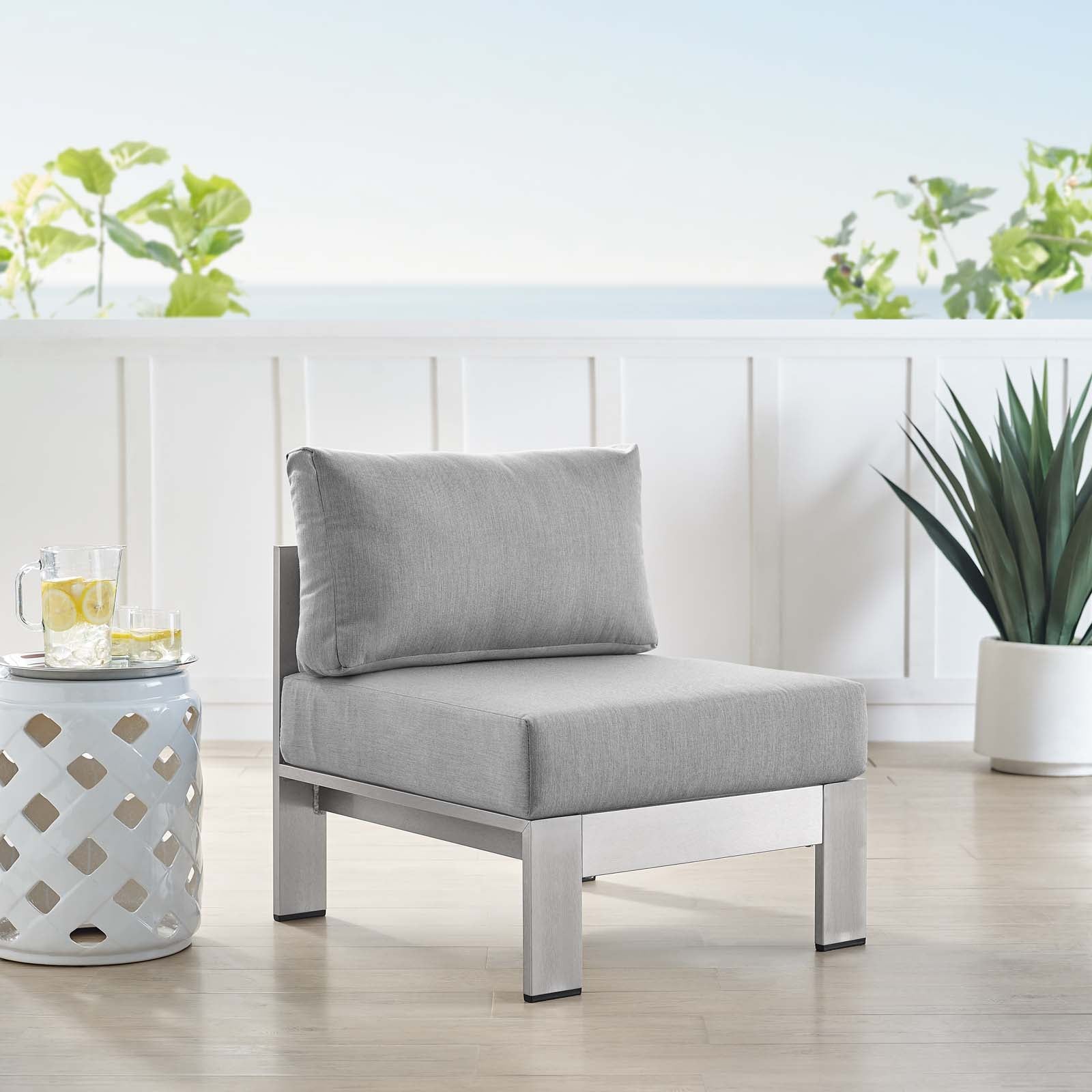 Modway Outdoor Chairs - Shore Sunbrella Fabric Aluminum Outdoor Patio Armless Chair Silver Gray
