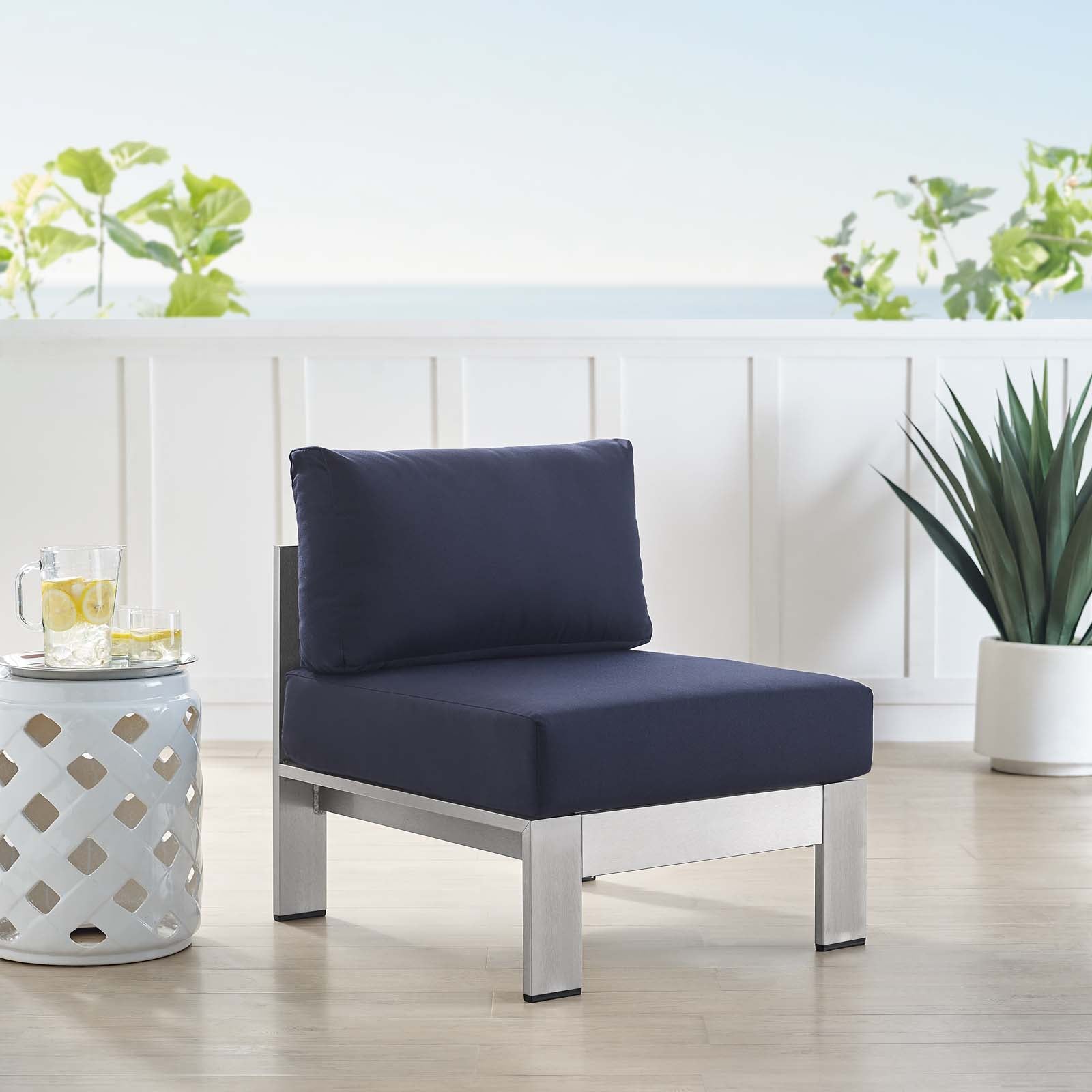 Modway Outdoor Chairs - Shore Sunbrella Fabric Aluminum Outdoor Patio Armless Chair Silver Navy