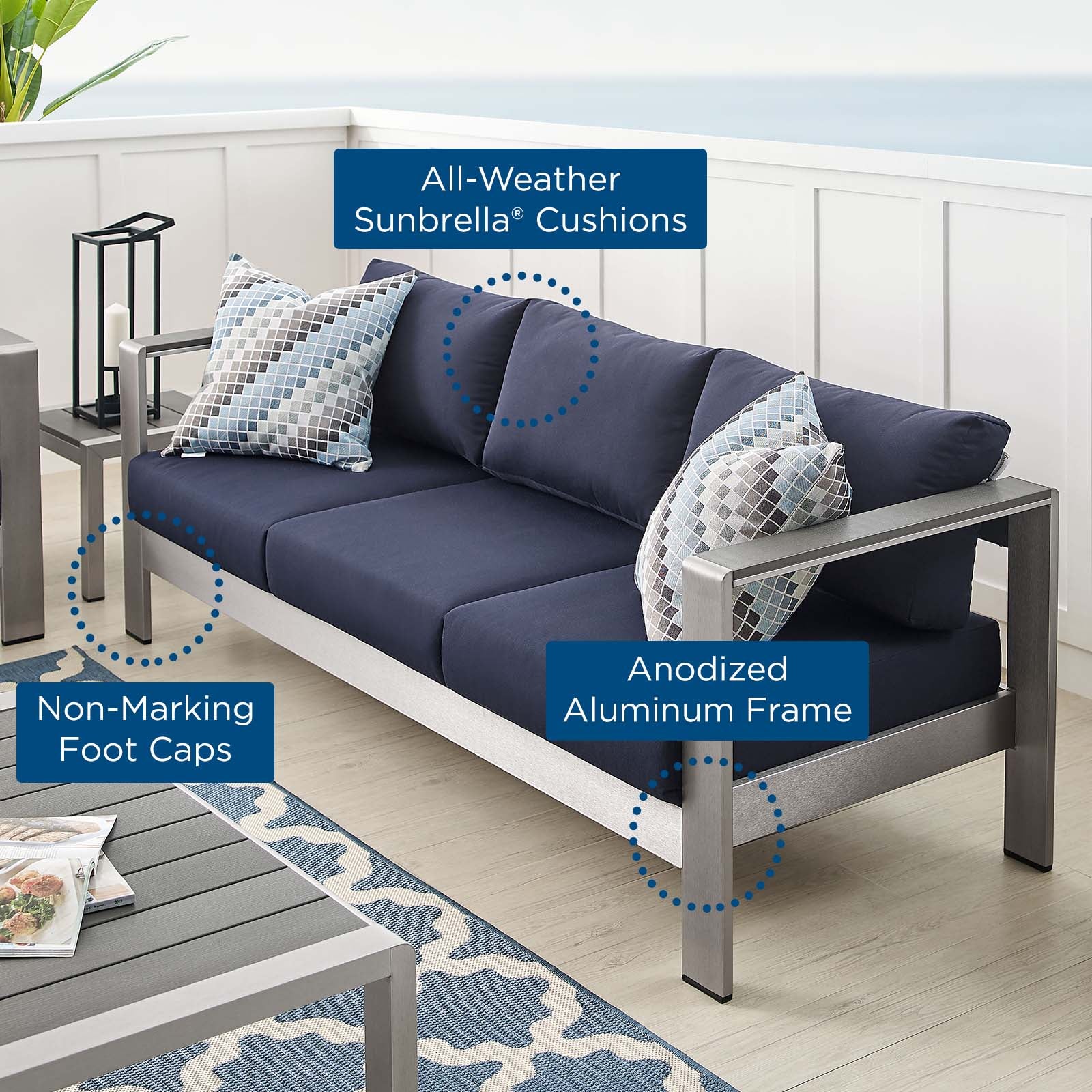 Modway Outdoor Sofas - Shore Sunbrella Fabric Aluminum Outdoor Patio Sofa Silver Navy