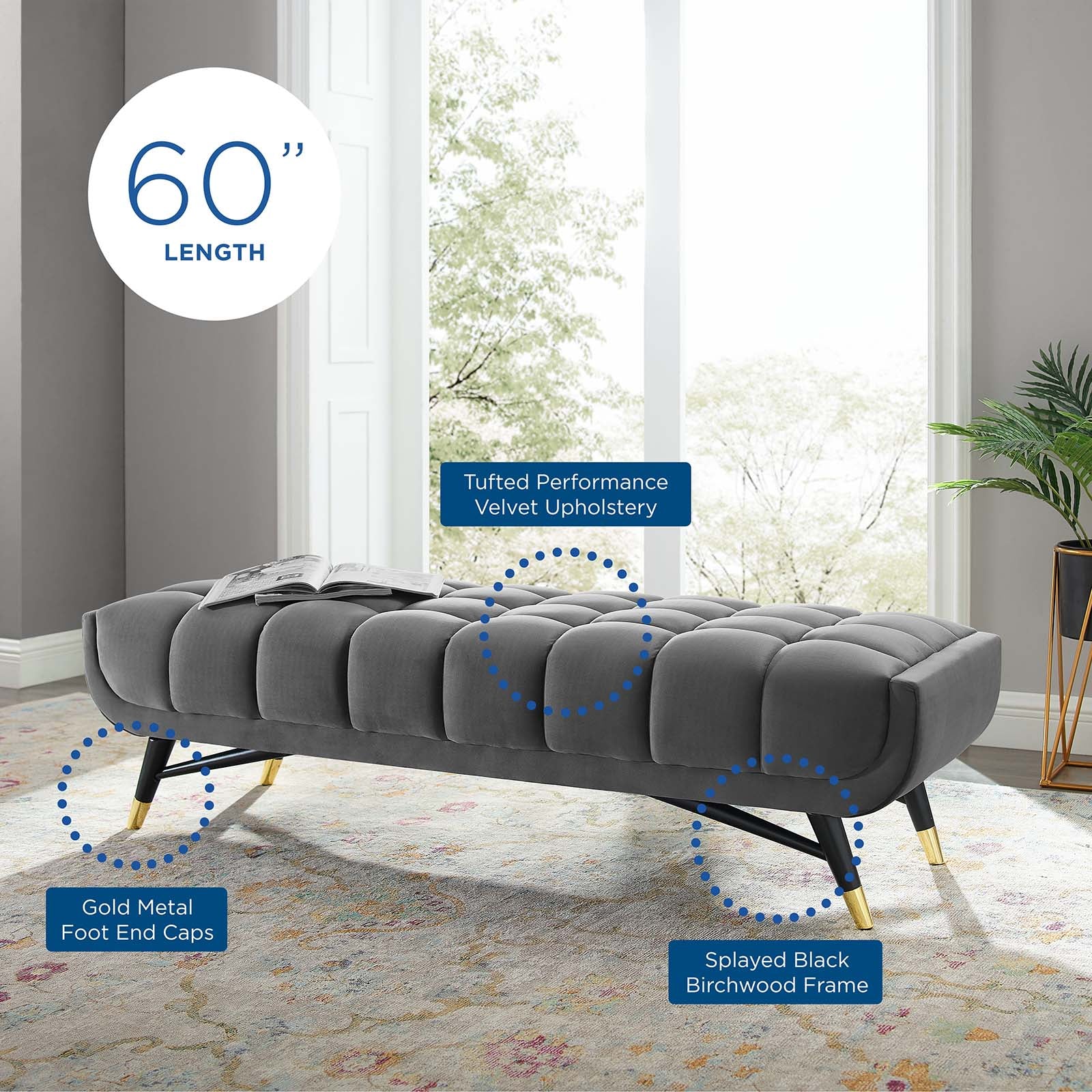Modway Benches - Adept 60" Performance Velvet Bench Gray