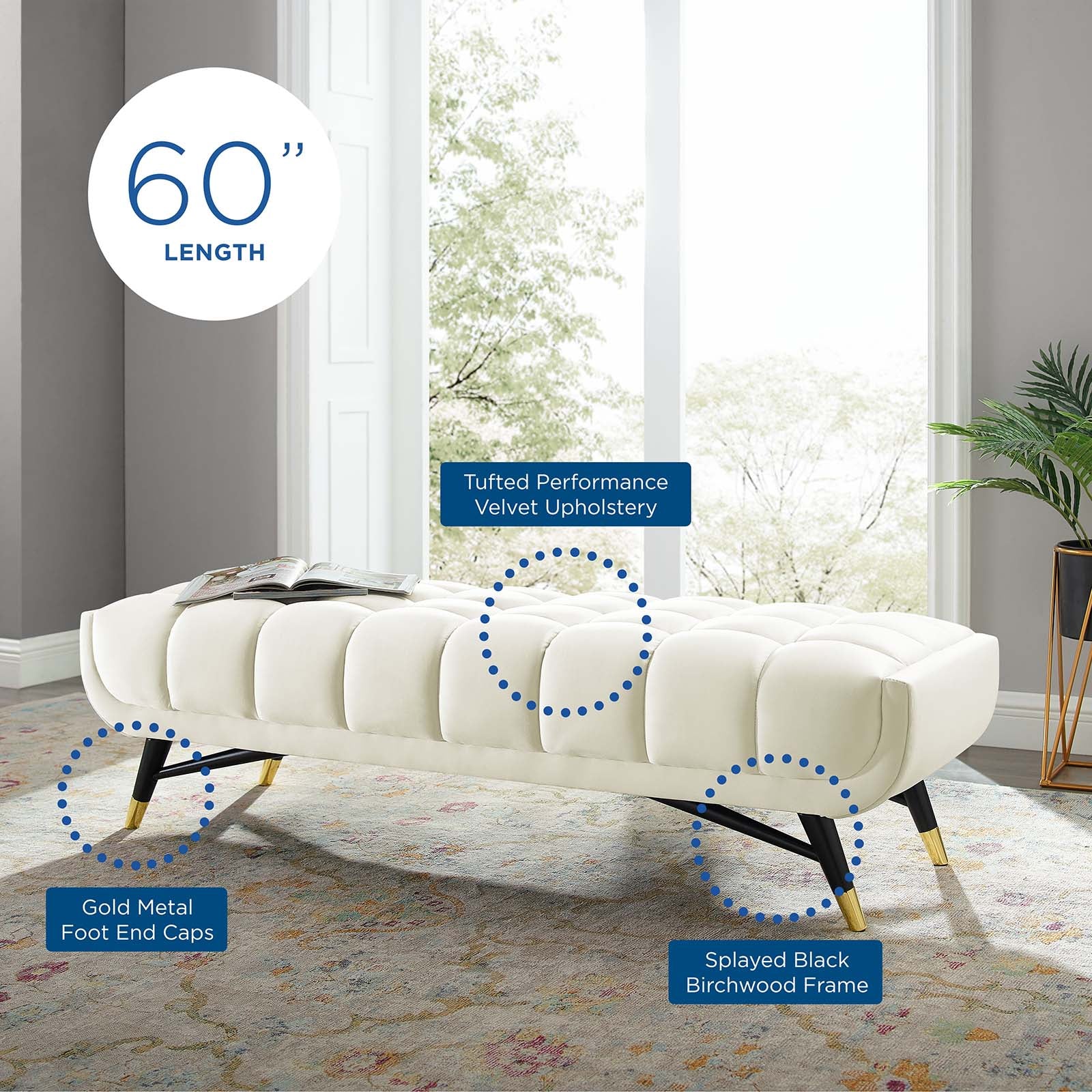 Modway Benches - Adept 60" Performance Velvet Bench Ivory