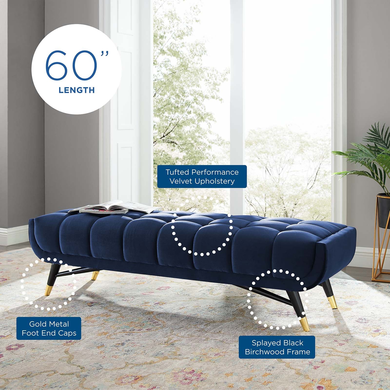 Modway Benches - Adept 60" Performance Velvet Bench Midnight Blue