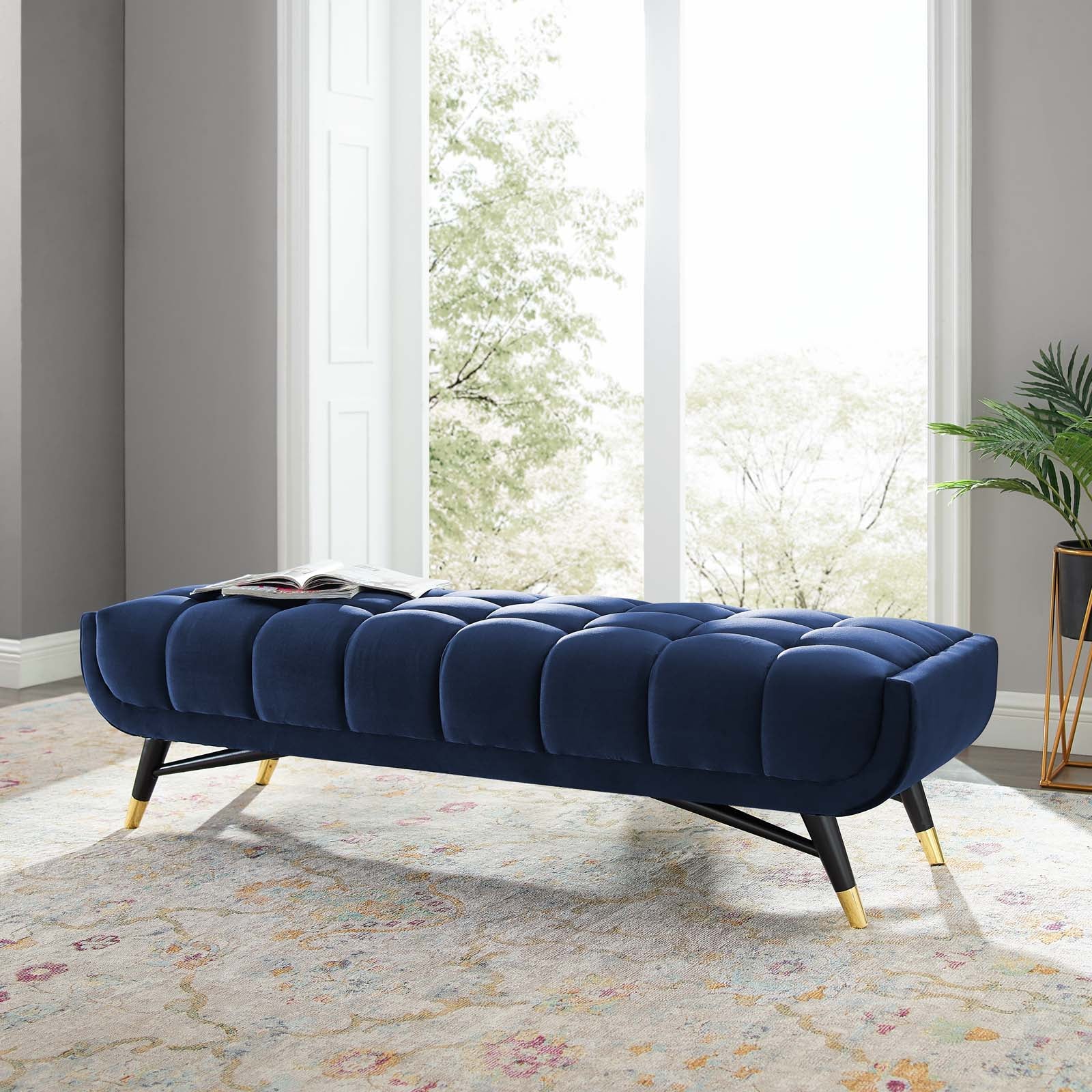 Modway Benches - Adept 60" Performance Velvet Bench Midnight Blue