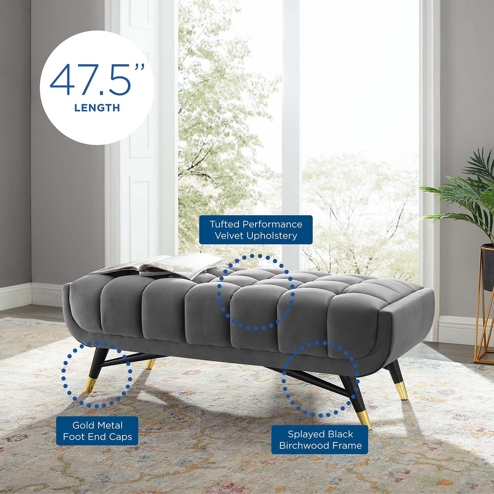 Modway Benches - Adept 47.5" Performance Velvet Bench Gray