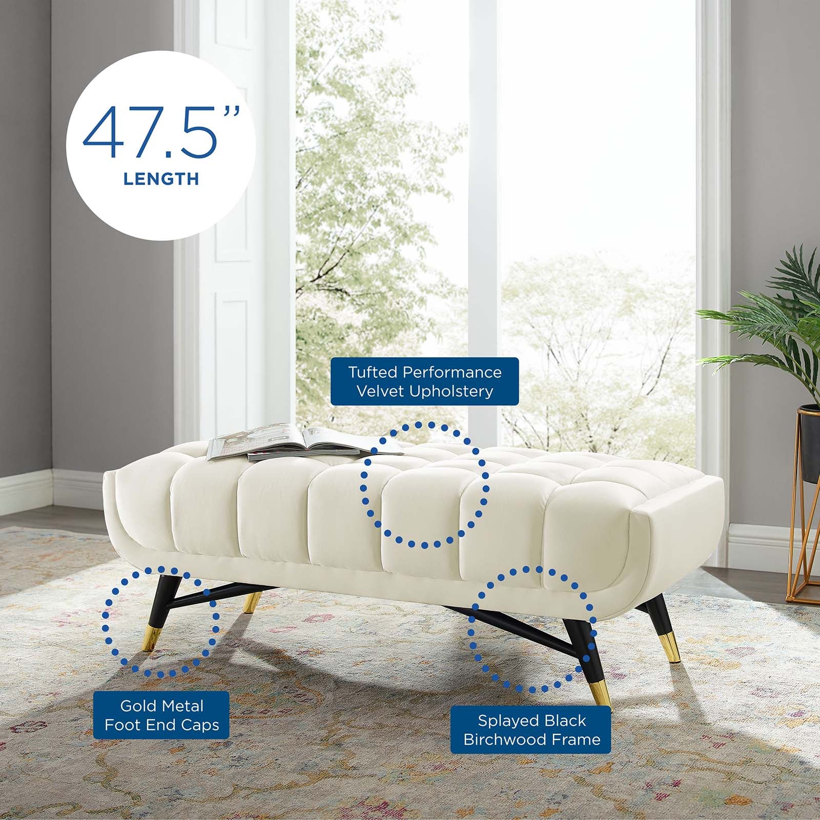 Modway Benches - Adept 47.5" Performance Velvet Bench Ivory